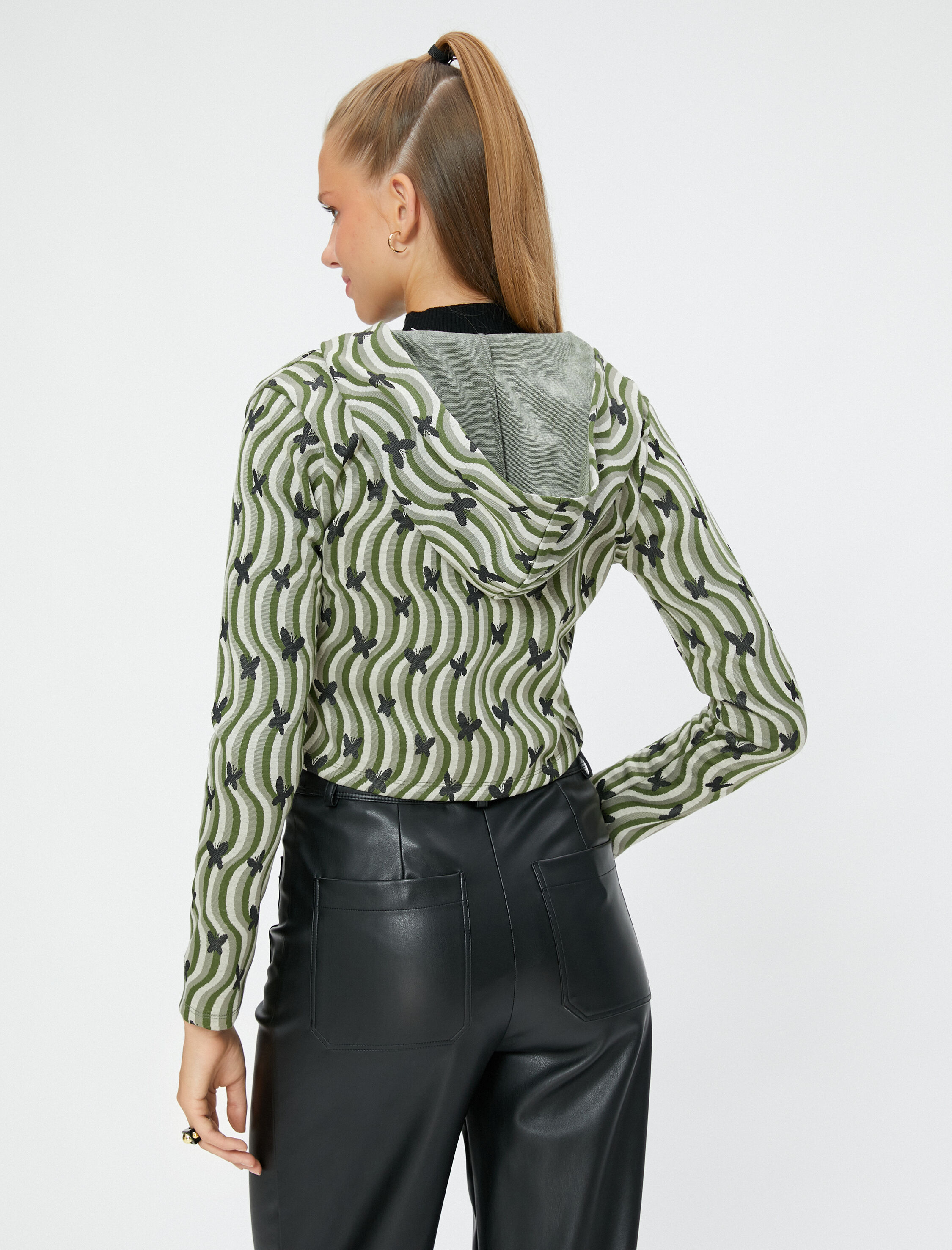   Fermuarlı Hırka Kapüşonlu Kelebek İşlemeli