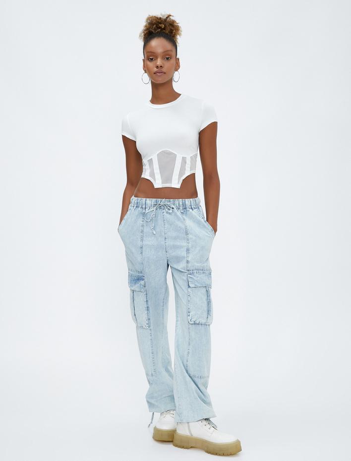  Crop Tişört Bisiklet Yaka Slim Fit Korse Görünümlü