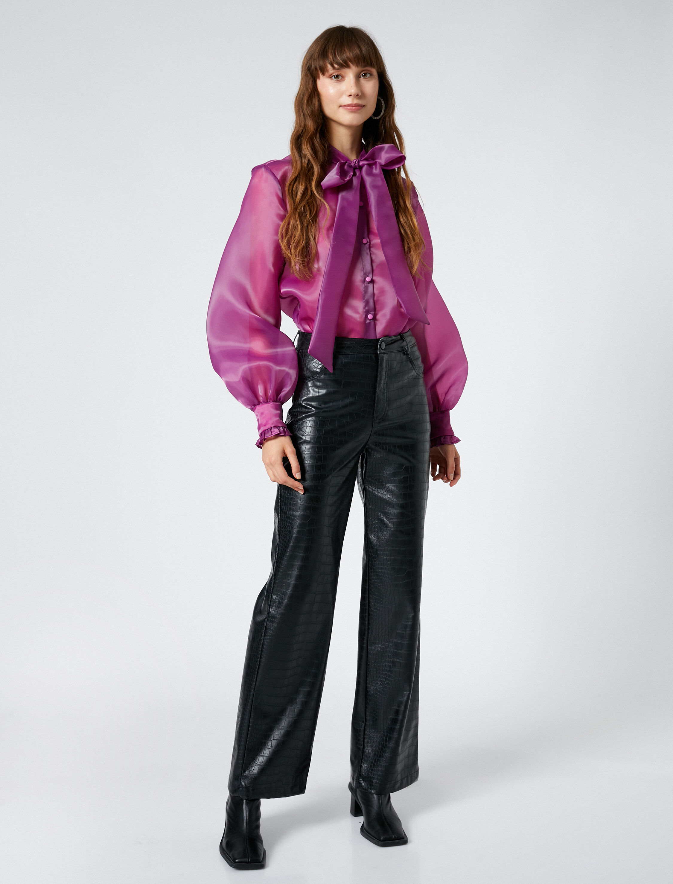   Abiye Bluz Organze Fular Yaka Düğmeli Balon Kollu Fırfırlı