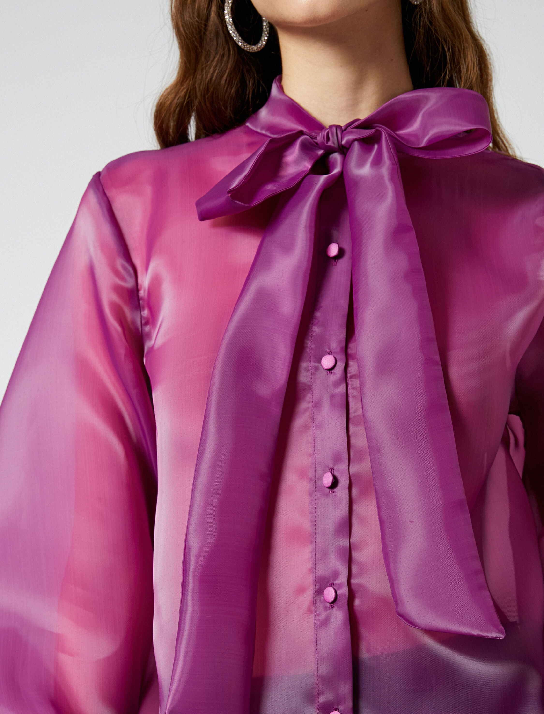   Abiye Bluz Organze Fular Yaka Düğmeli Balon Kollu Fırfırlı