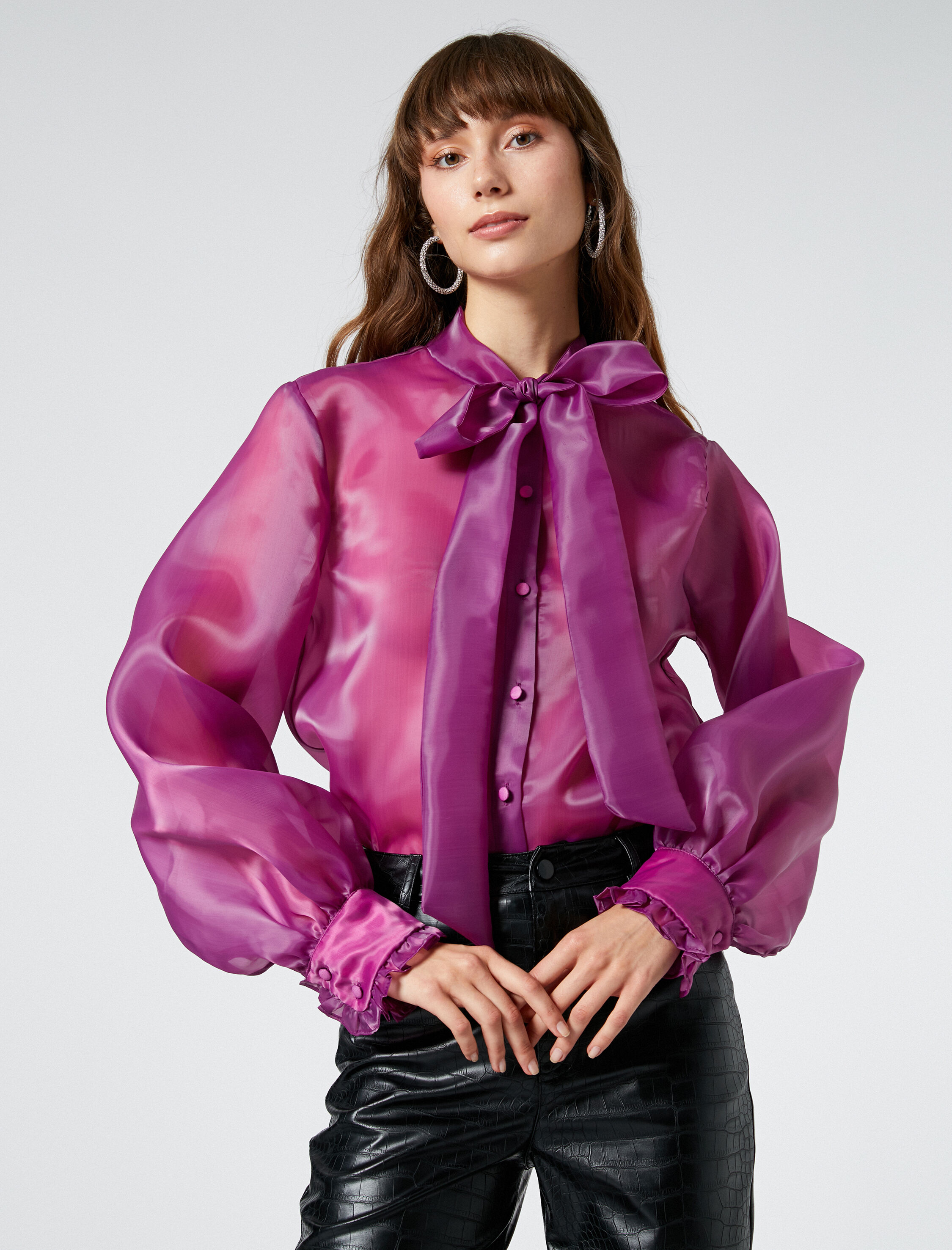   Abiye Bluz Organze Fular Yaka Düğmeli Balon Kollu Fırfırlı