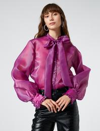 Abiye Bluz Organze Fular Yaka Düğmeli Balon Kollu Fırfırlı