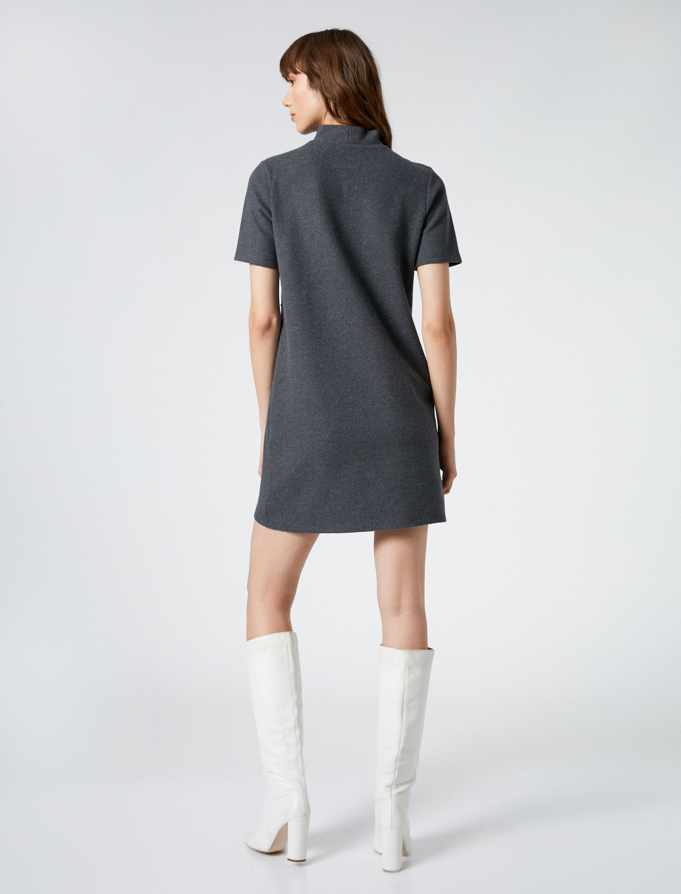   Mini Triko Elbise Dik Yaka Kısa Kollu