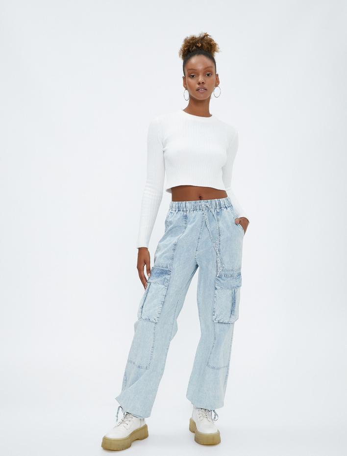 Kot Kargo Pantolon Cep Detaylı Beli Bağcıklı - Baggy Jean