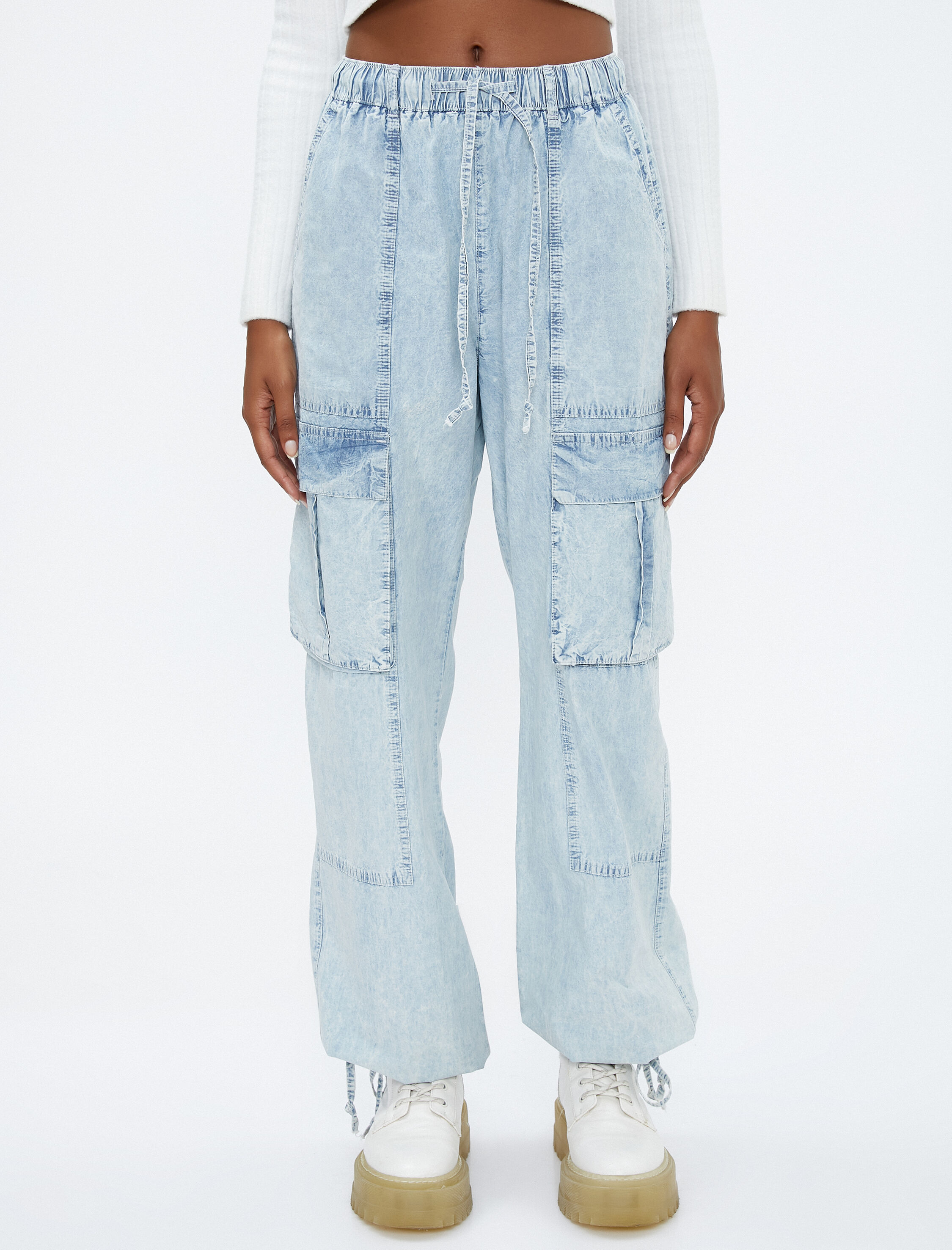   Kot Kargo Pantolon Cep Detaylı Beli Bağcıklı - Baggy Jean