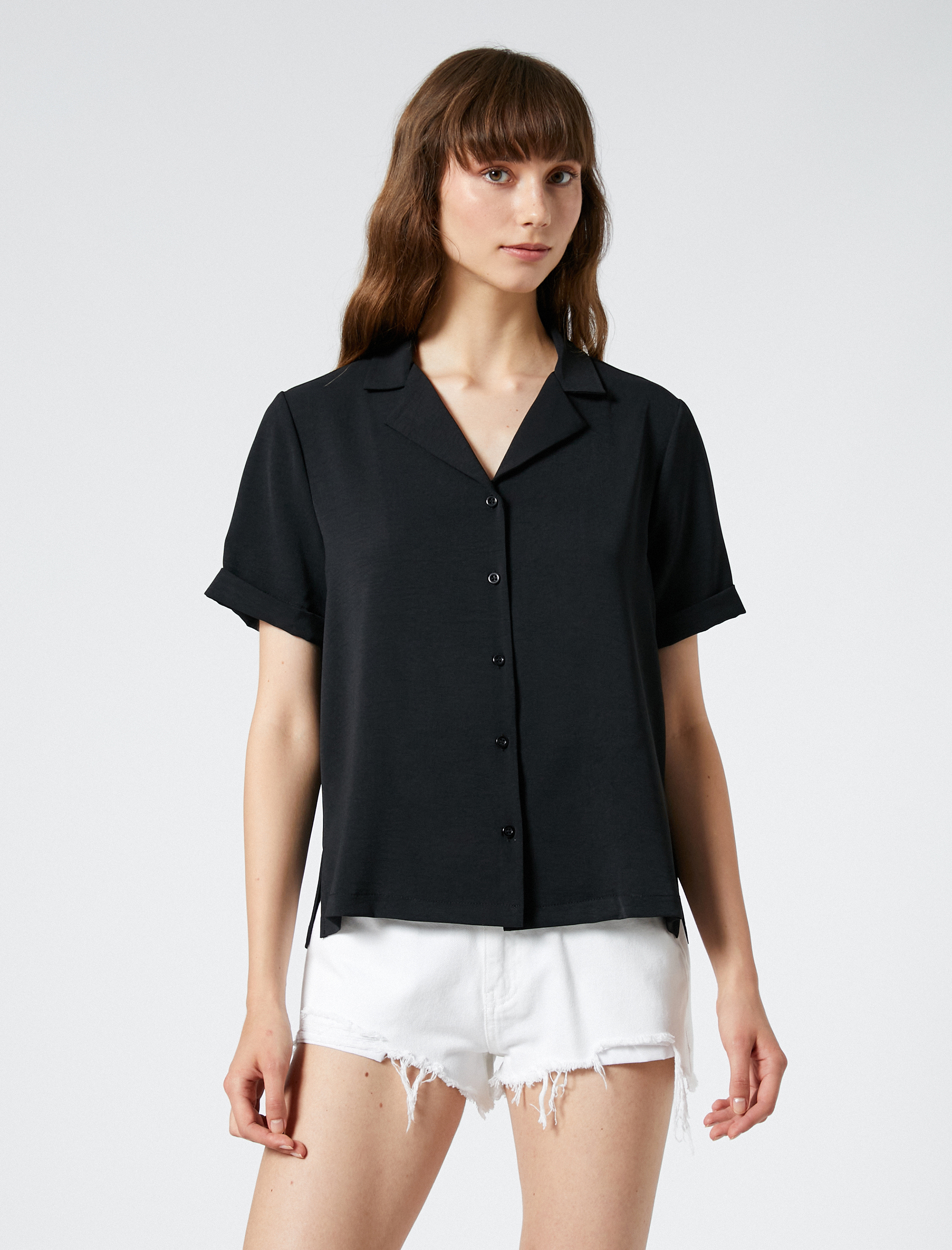   Kısa Kollu Gömlek Dokulu Düğmeli Klasik Yaka