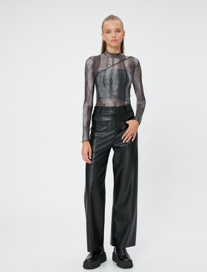  Uzun Kollu Tişört Batik Transparan Görünümlü Dikiş Detaylı