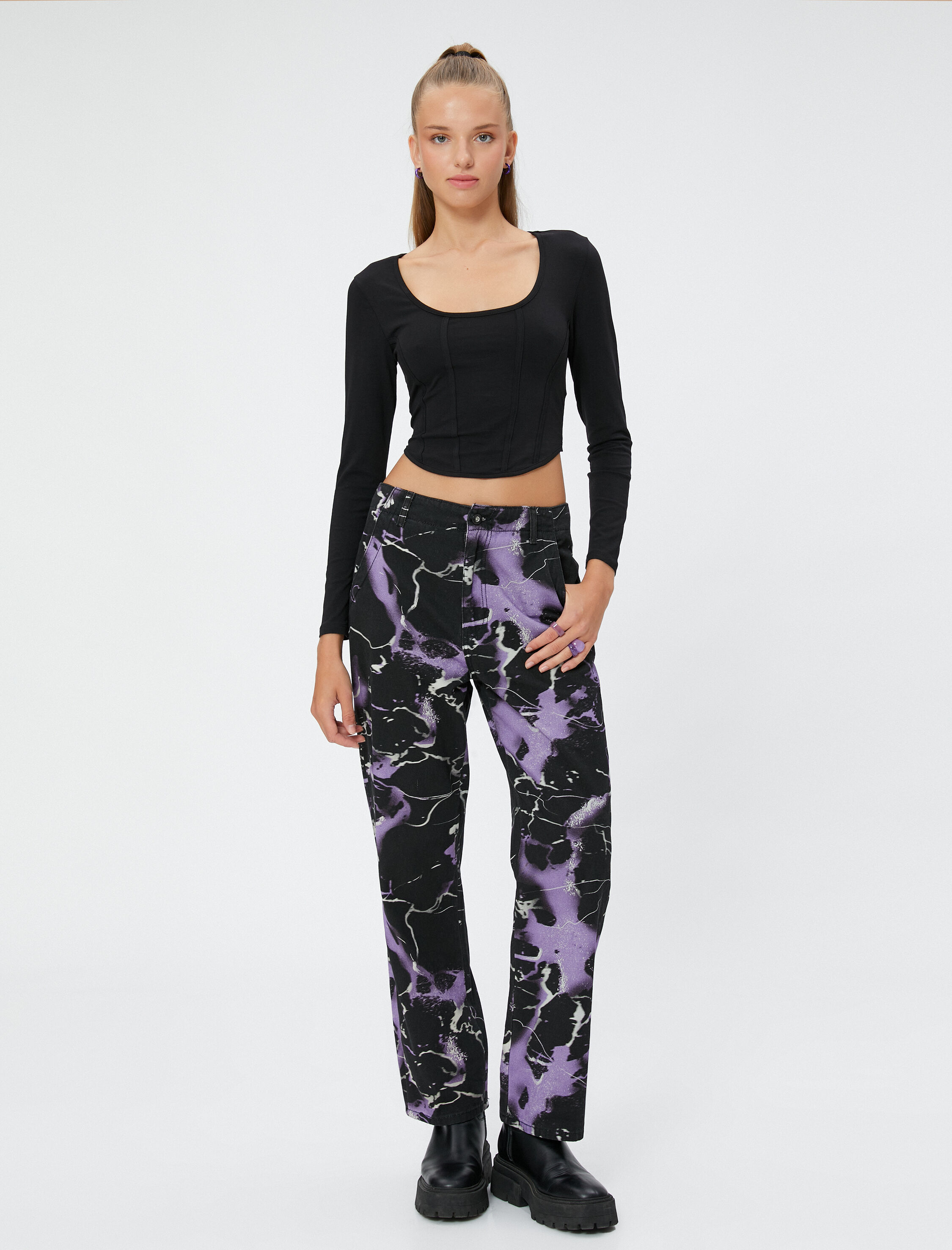   Uzun Kollu Tişört Slim Fit U Yaka Korse Görünümlü