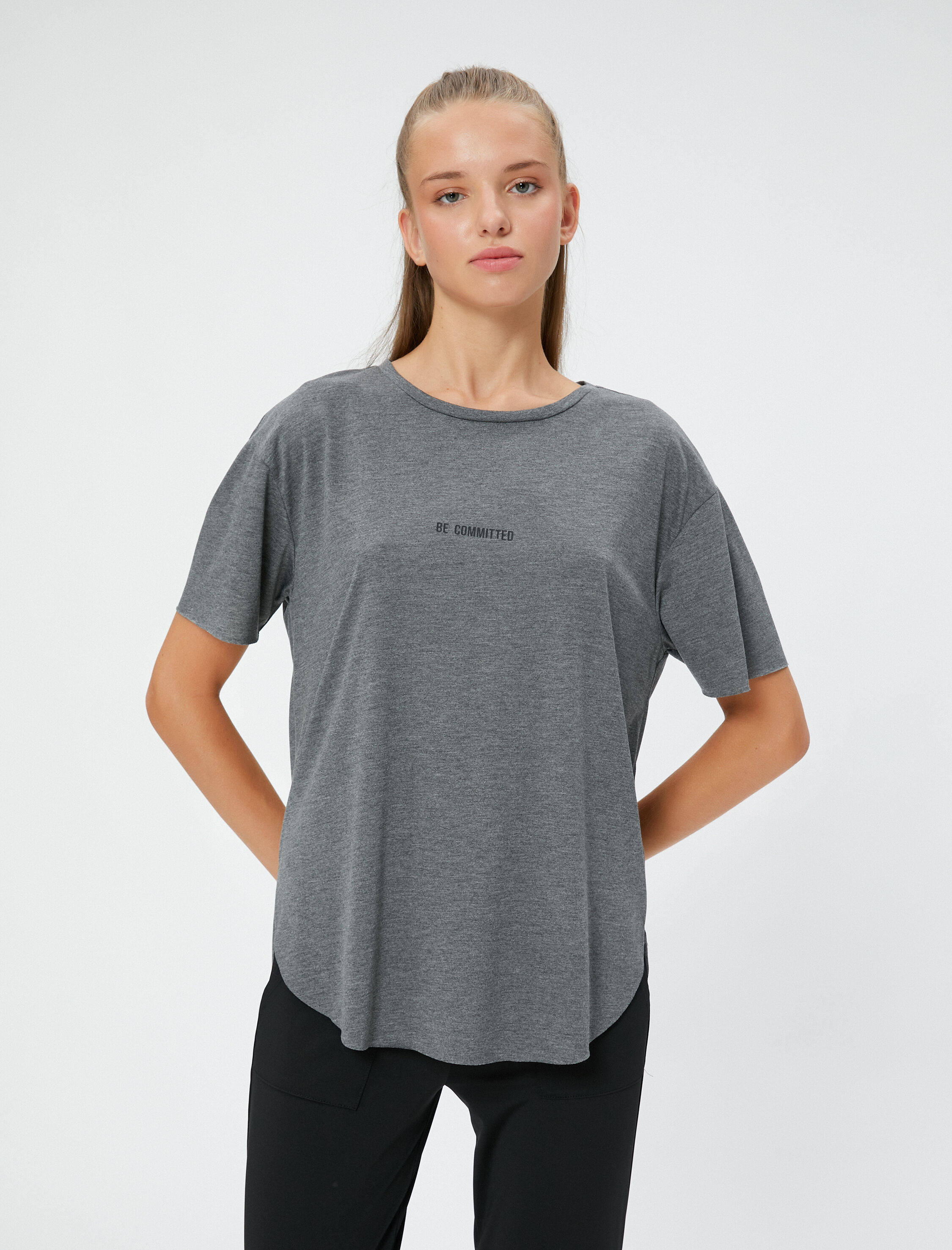   Spor Tişört Bisiklet Yaka Kısa Kollu Slogan Baskılı