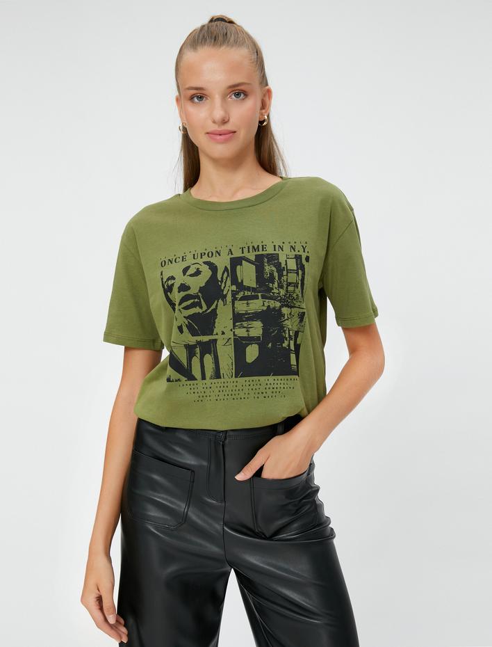  Slogan Baskılı Tişört Rahat Kesim Bisiklet Yaka Kısa Kollu