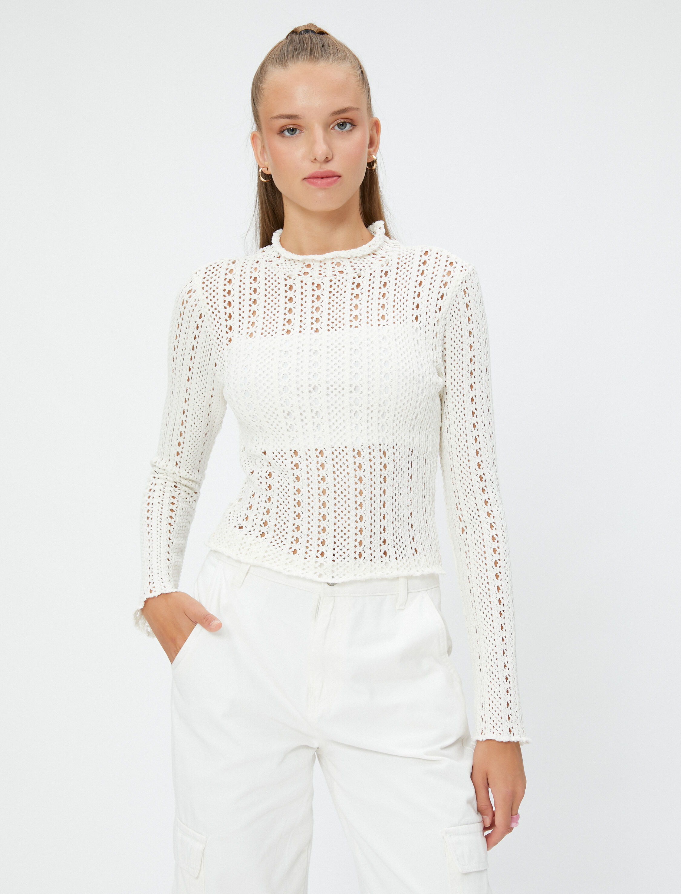   Uzun Kollu Ajurlu Tişört Dik Yaka Slim Fit