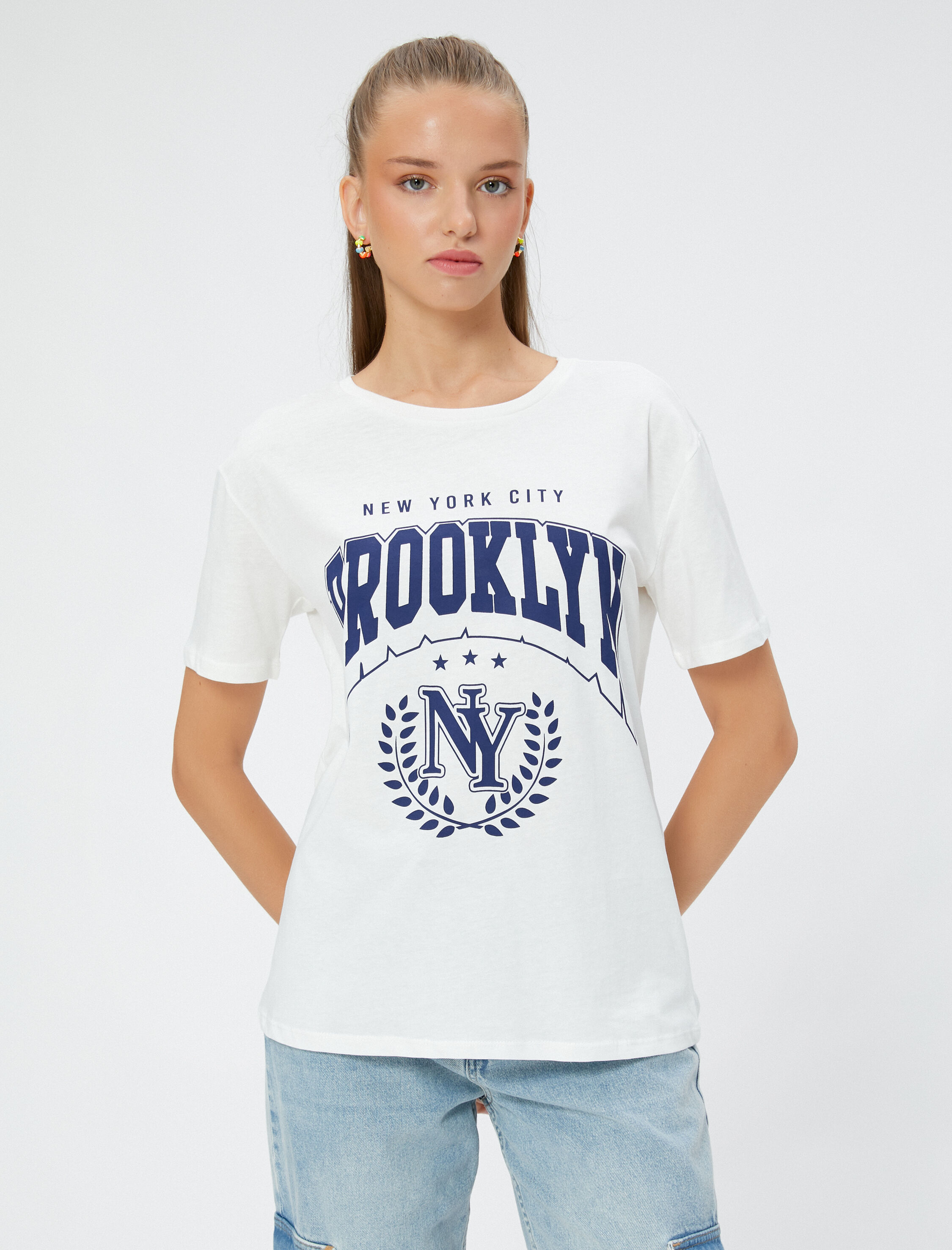   Kolej Tişört Baskılı Bisiklet Yaka Kısa Kollu Pamuklu