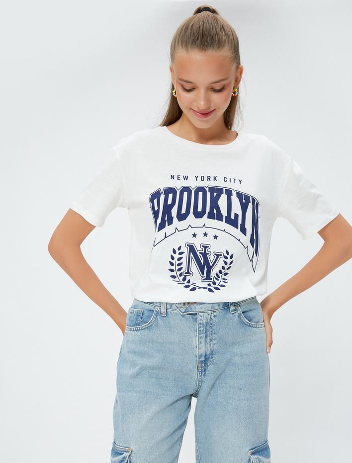  Kolej Tişört Baskılı Bisiklet Yaka Kısa Kollu Pamuklu