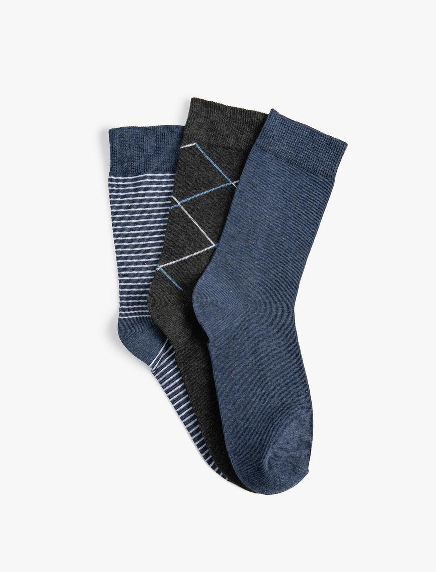  Erkek 3'lü Soket Çorap Seti Çok Renkli Geometrik Desenli