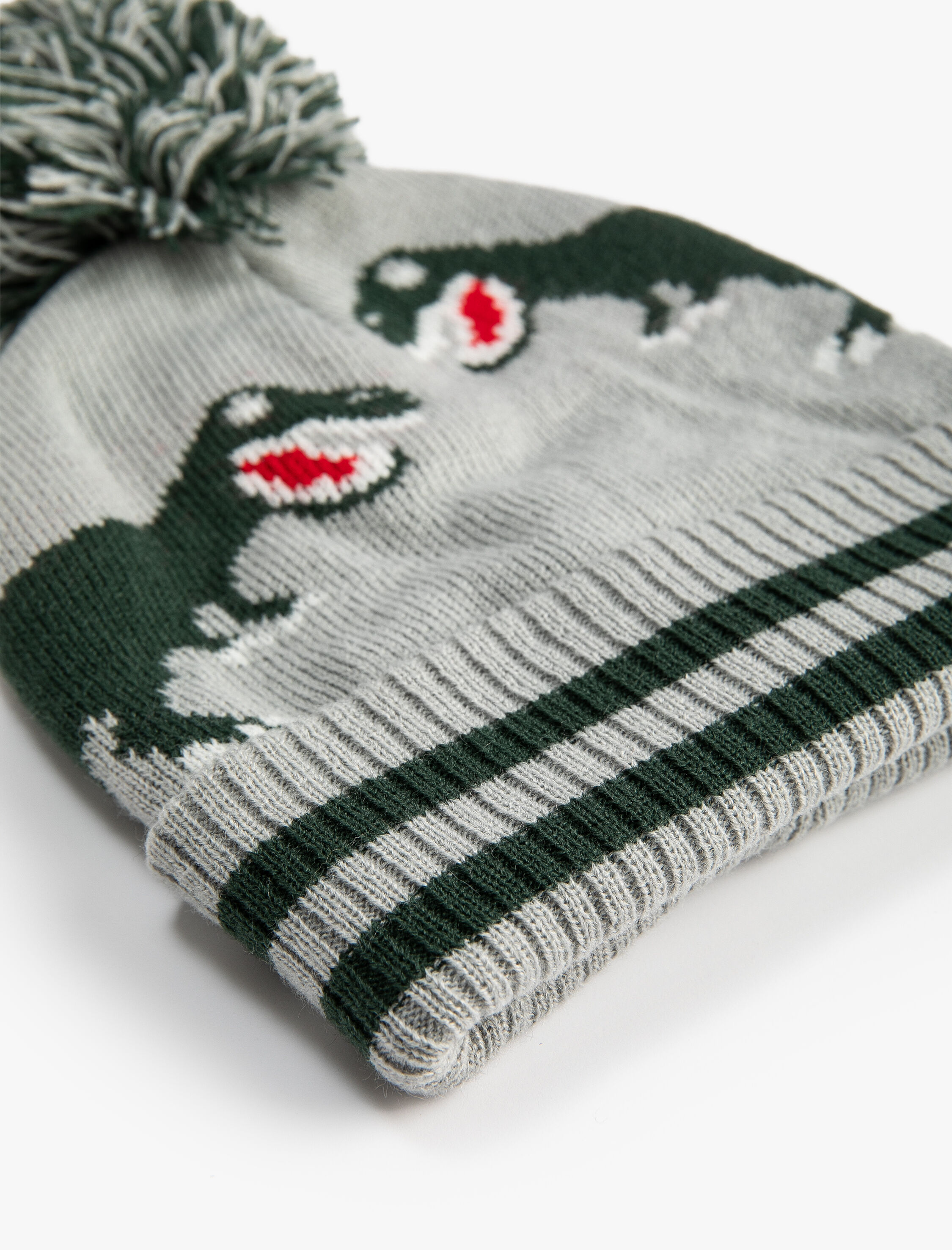  Erkek Çocuk Triko Bere Dinozor Desenli Ponpon Detaylı