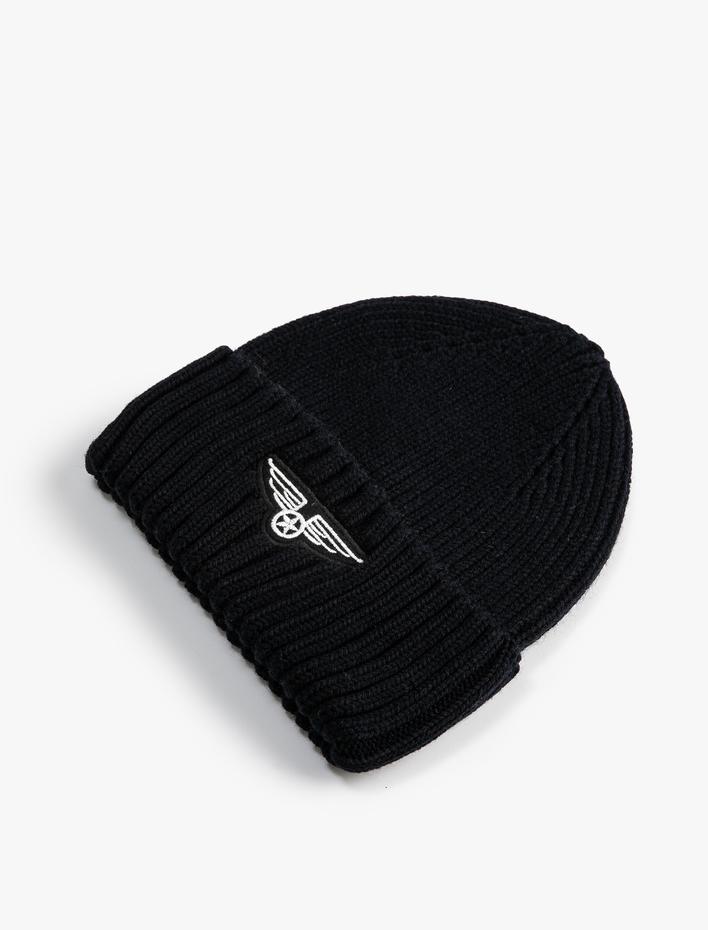 Erkek Örgü Bere Etiket Baskılı Katlamalı