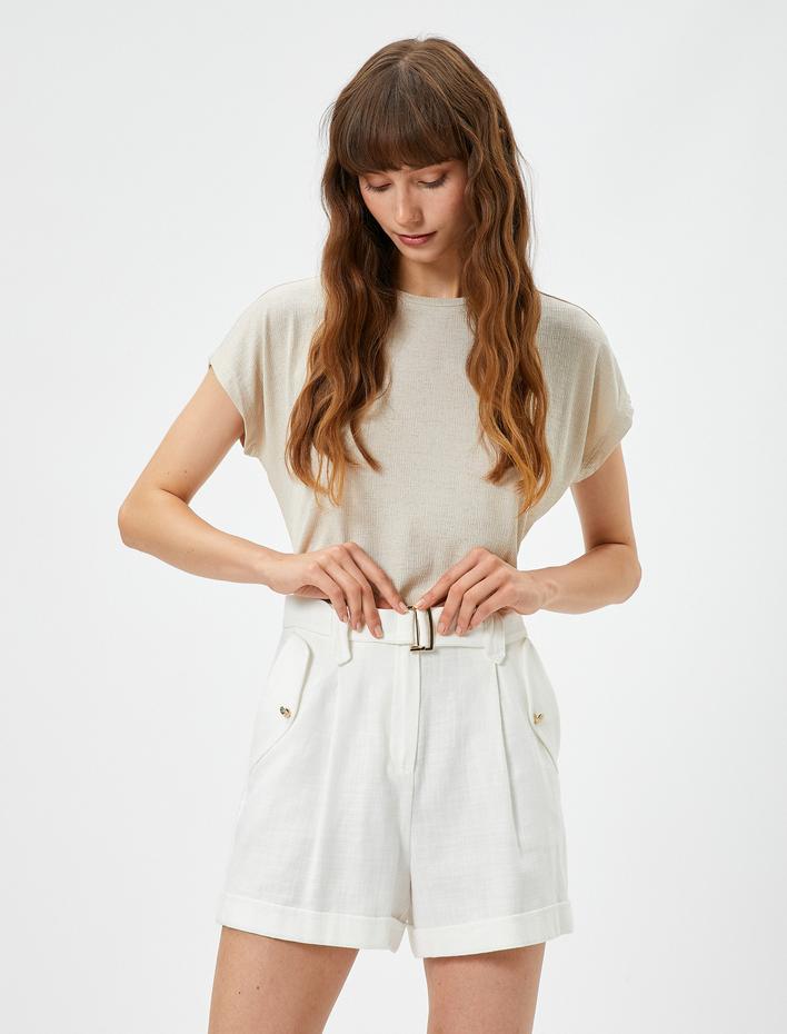  Crop Tişört Yarasa Kol Bisiklet Yaka