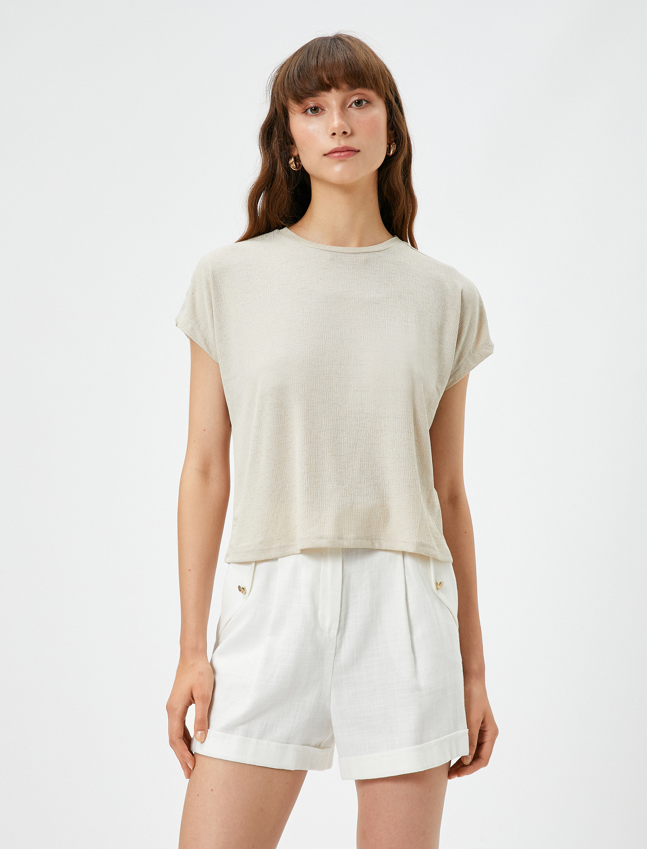   Crop Tişört Yarasa Kol Bisiklet Yaka