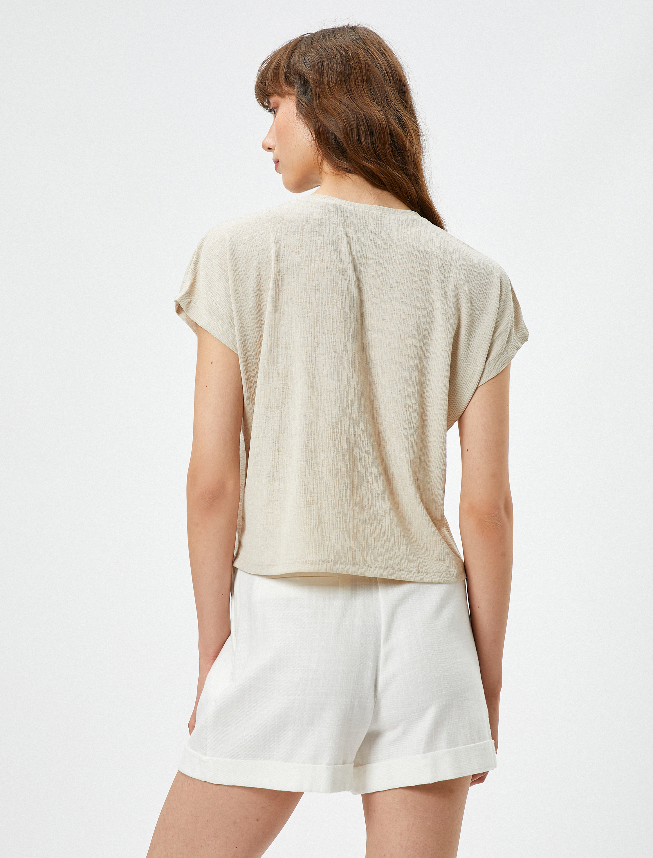   Crop Tişört Yarasa Kol Bisiklet Yaka