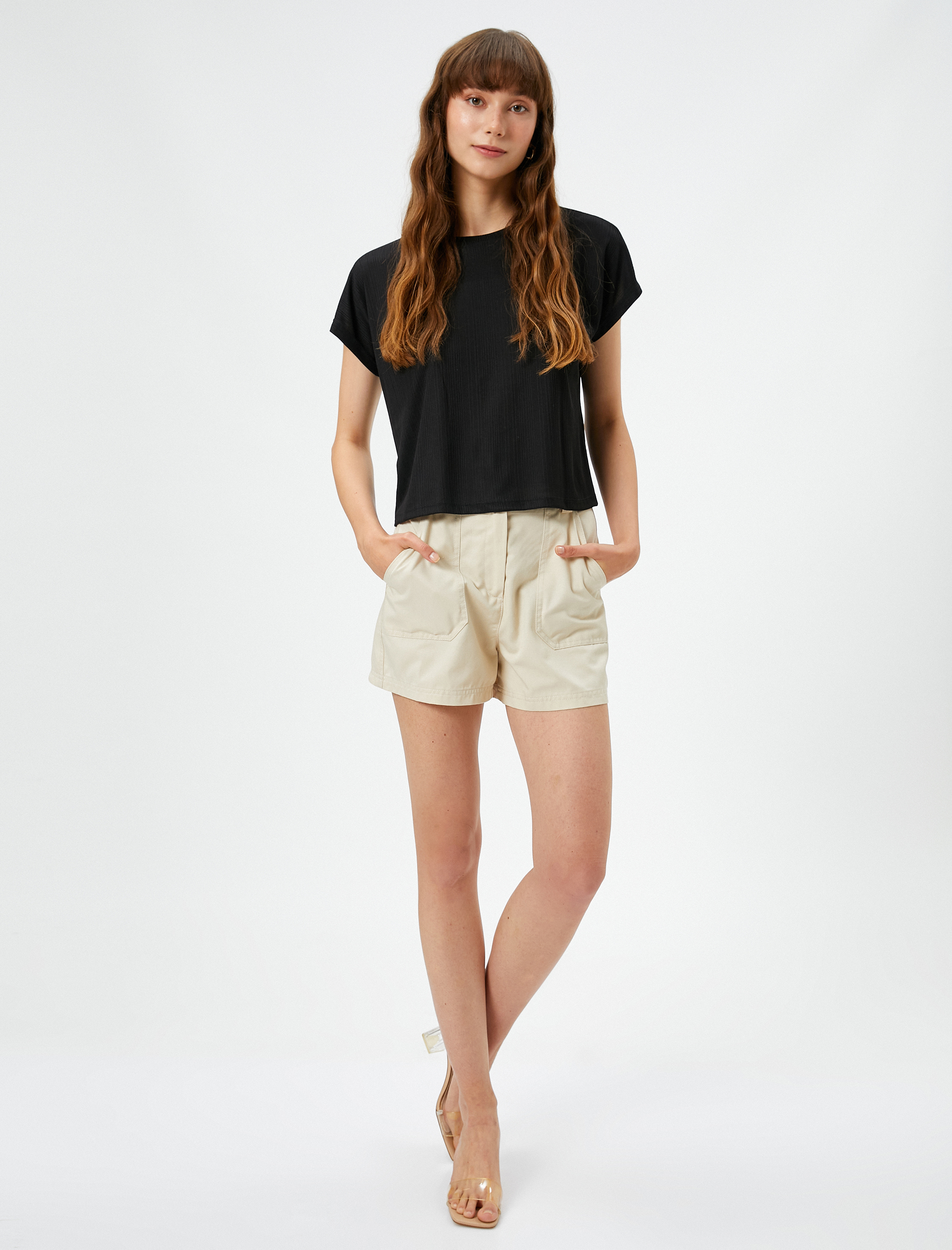   Crop Tişört Yarasa Kol Bisiklet Yaka