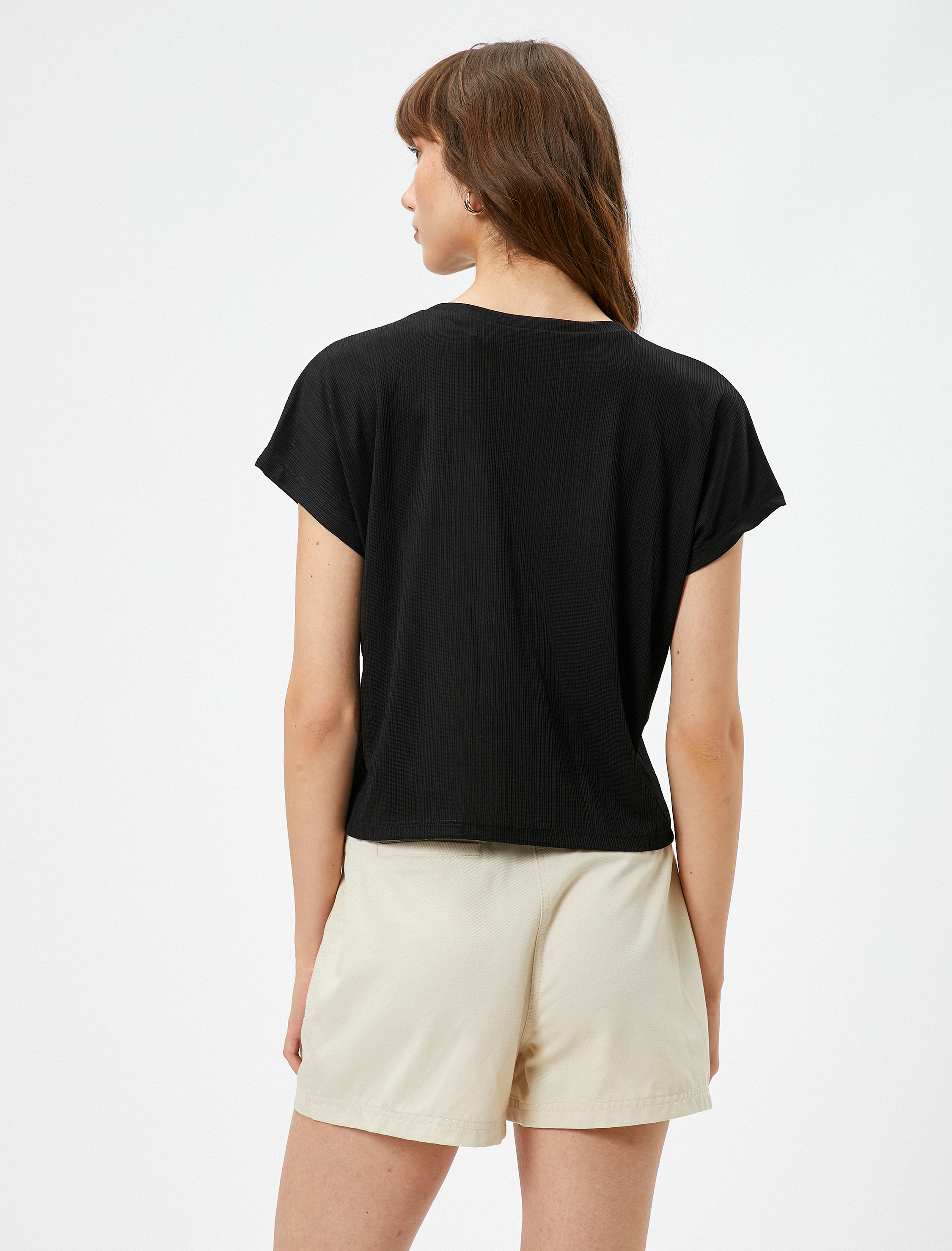   Crop Tişört Yarasa Kol Bisiklet Yaka