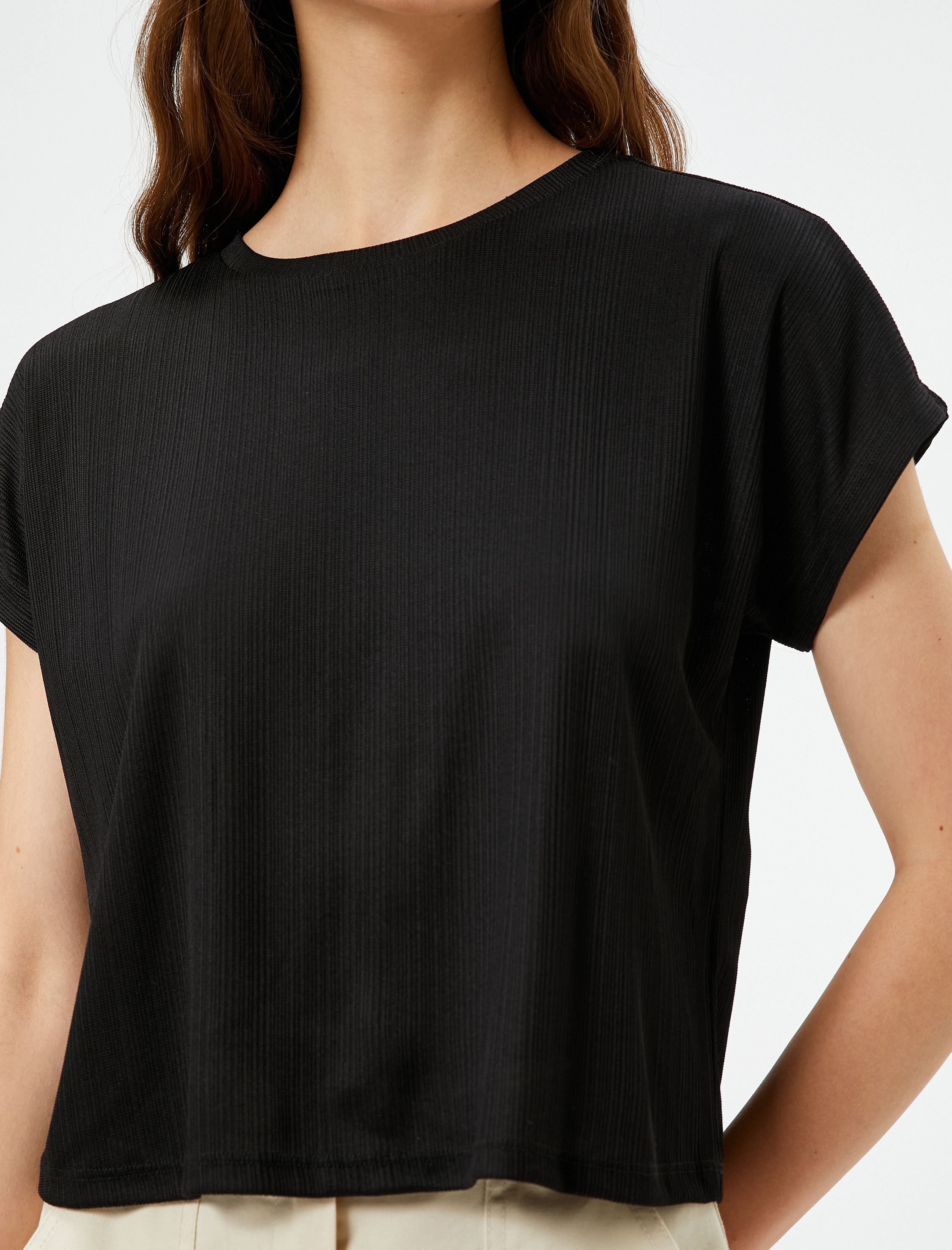   Crop Tişört Yarasa Kol Bisiklet Yaka