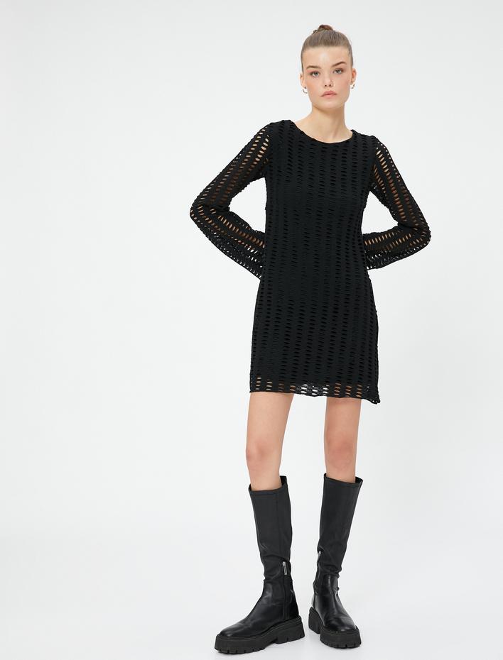  A Kesim Elbise Mini Ajurlu İspanyol Kollu Bisiklet Yaka