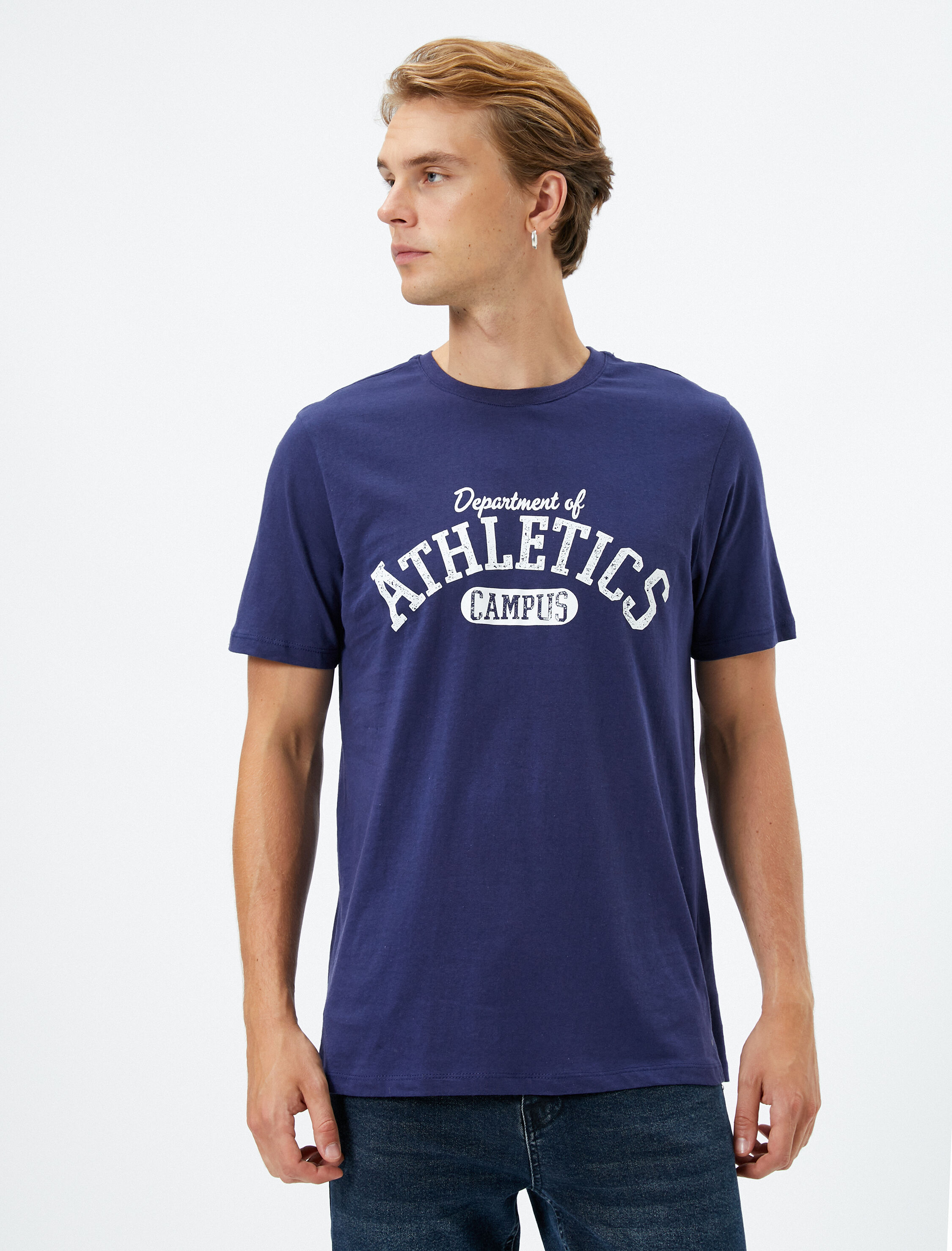   Kolej Baskılı Tişört Bisiklet Yaka Kısa Kollu Pamuklu