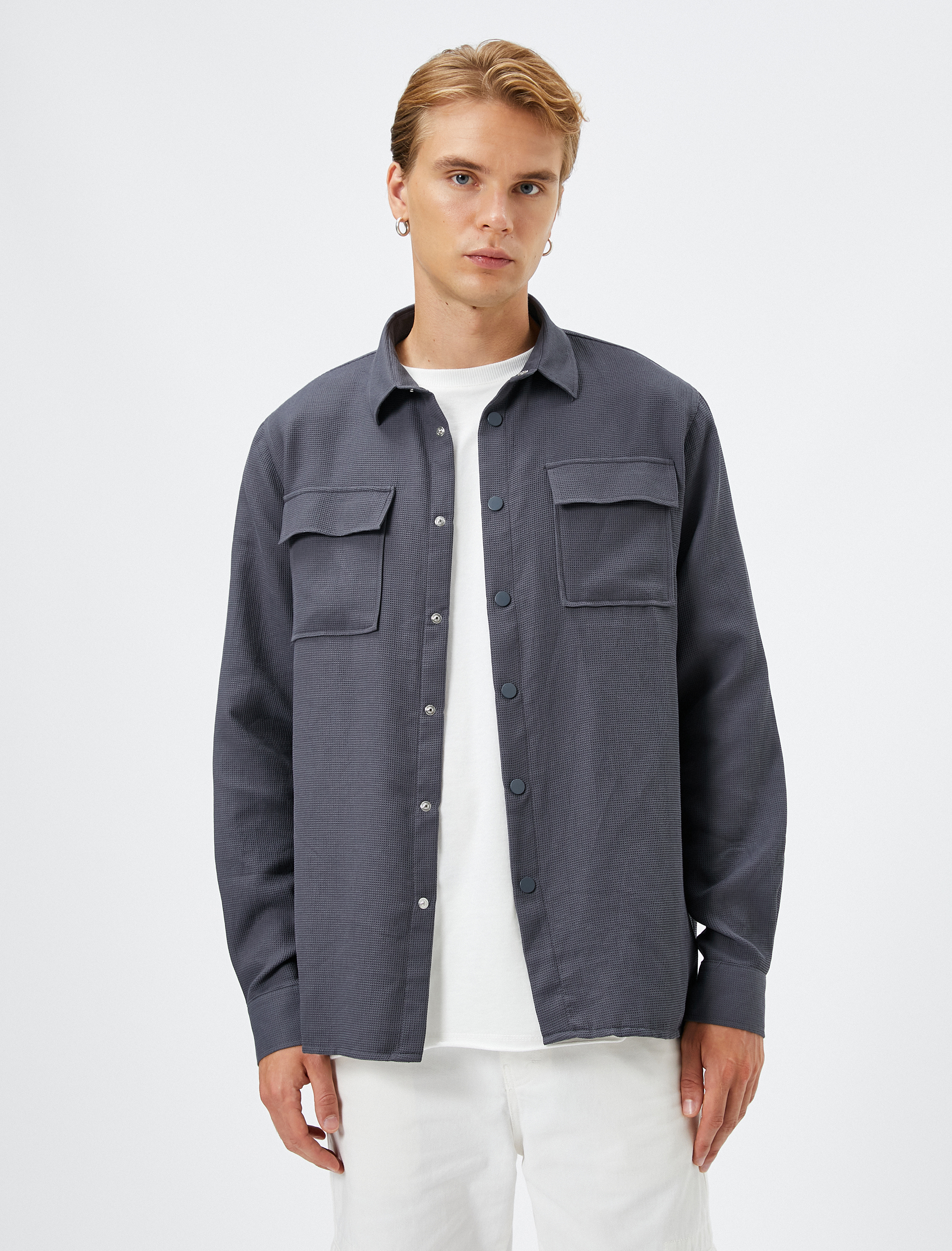   Spor Gömlek Cep Detaylı Çıtçıt Düğmeli Klasik Yaka Uzun Kollu