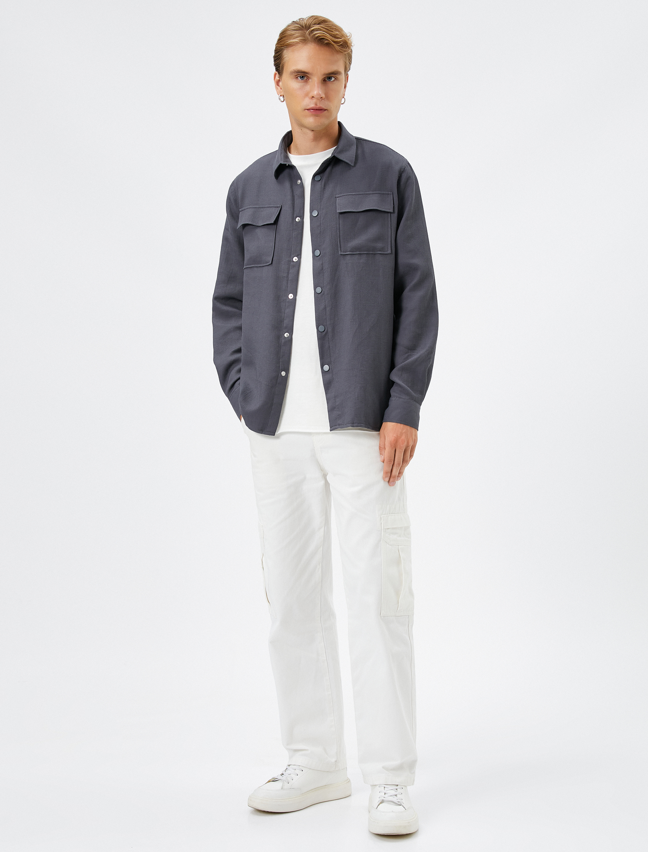   Spor Gömlek Cep Detaylı Çıtçıt Düğmeli Klasik Yaka Uzun Kollu