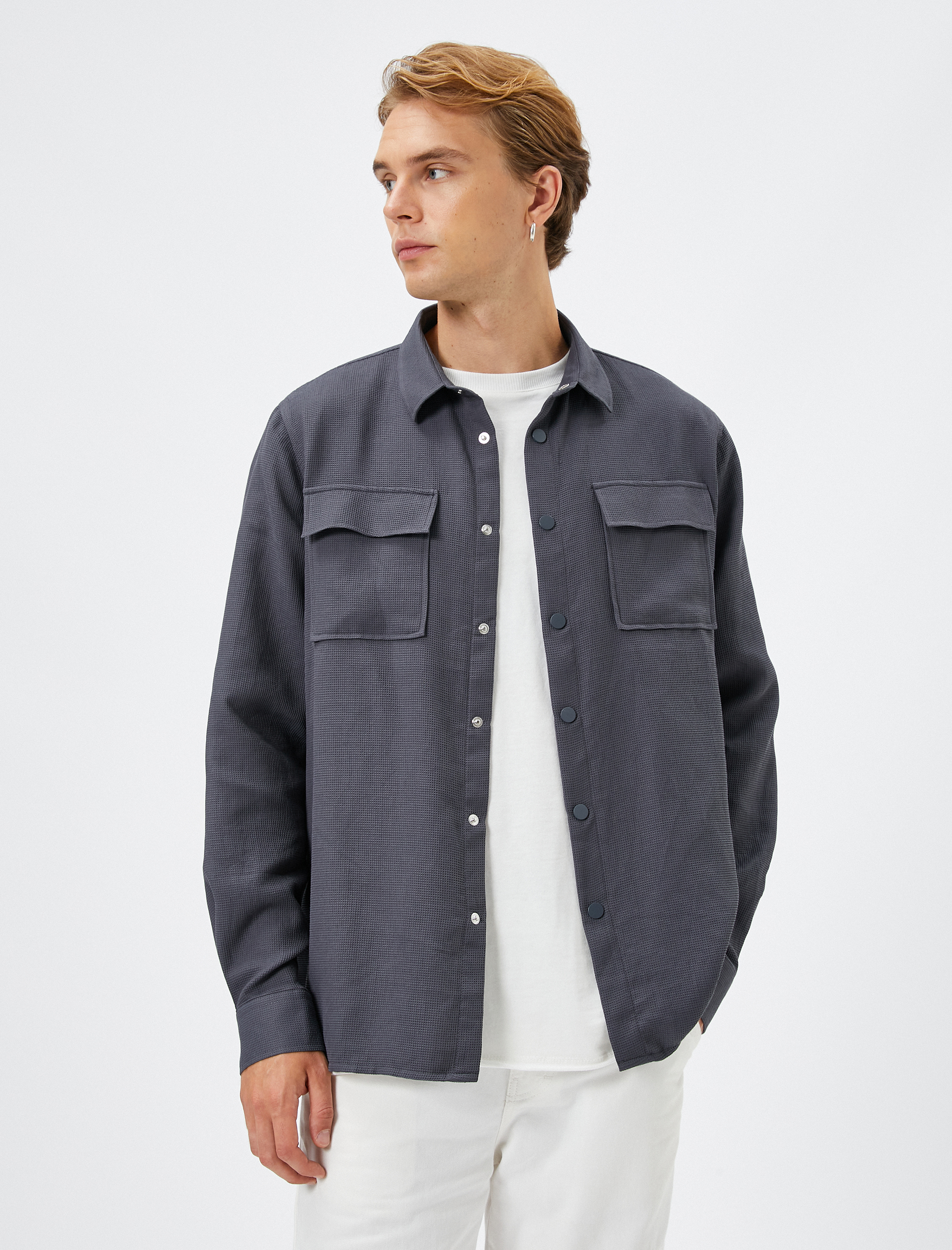   Spor Gömlek Cep Detaylı Çıtçıt Düğmeli Klasik Yaka Uzun Kollu