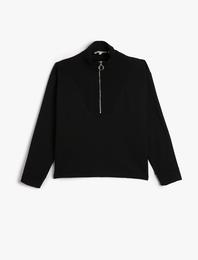 Yarım Fermuarlı Sweatshirt Dik Yaka Uzun Kollu
