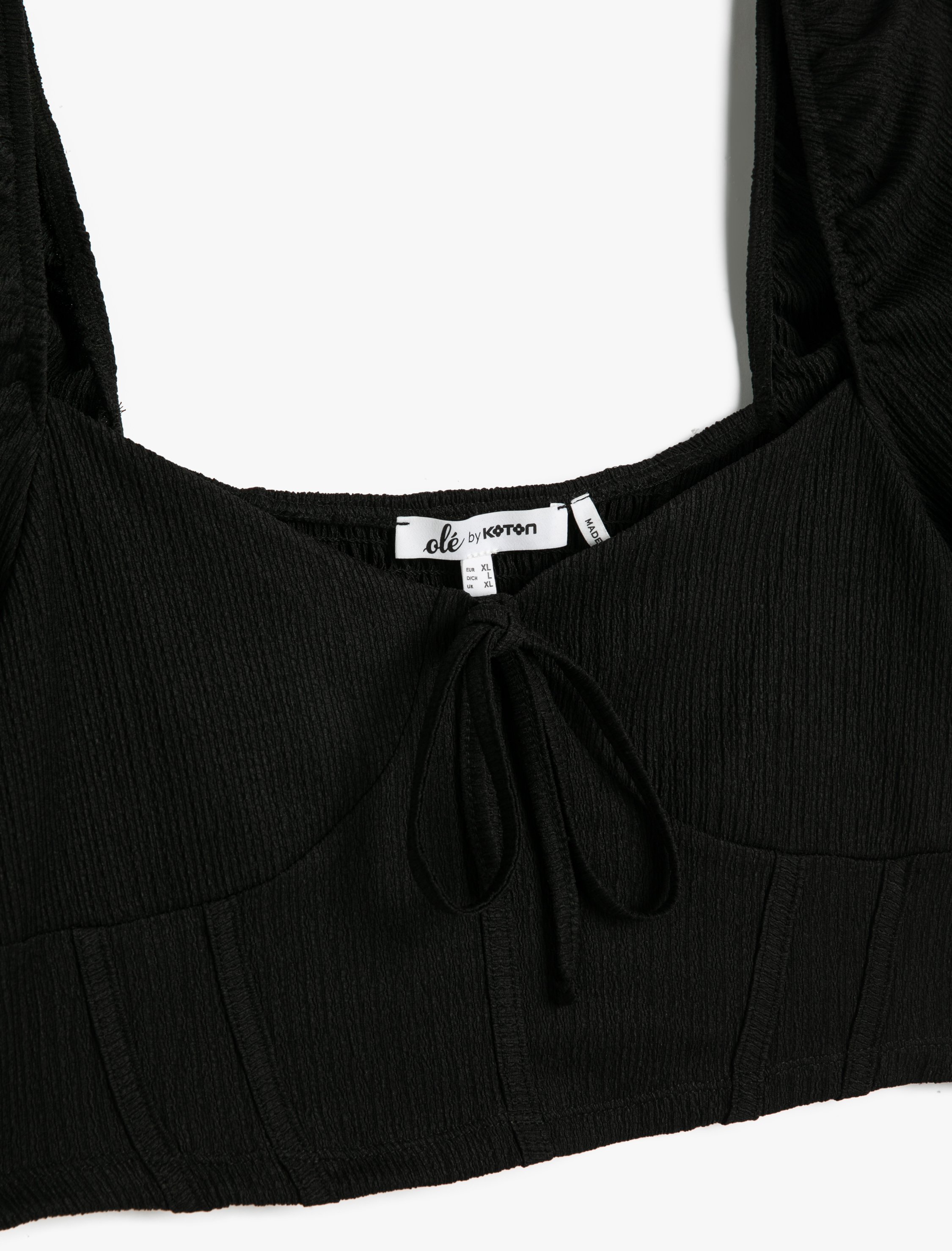   Crop Tişört Balon Kollu Kalp Yaka Bağcıklı Korse Görünümlü