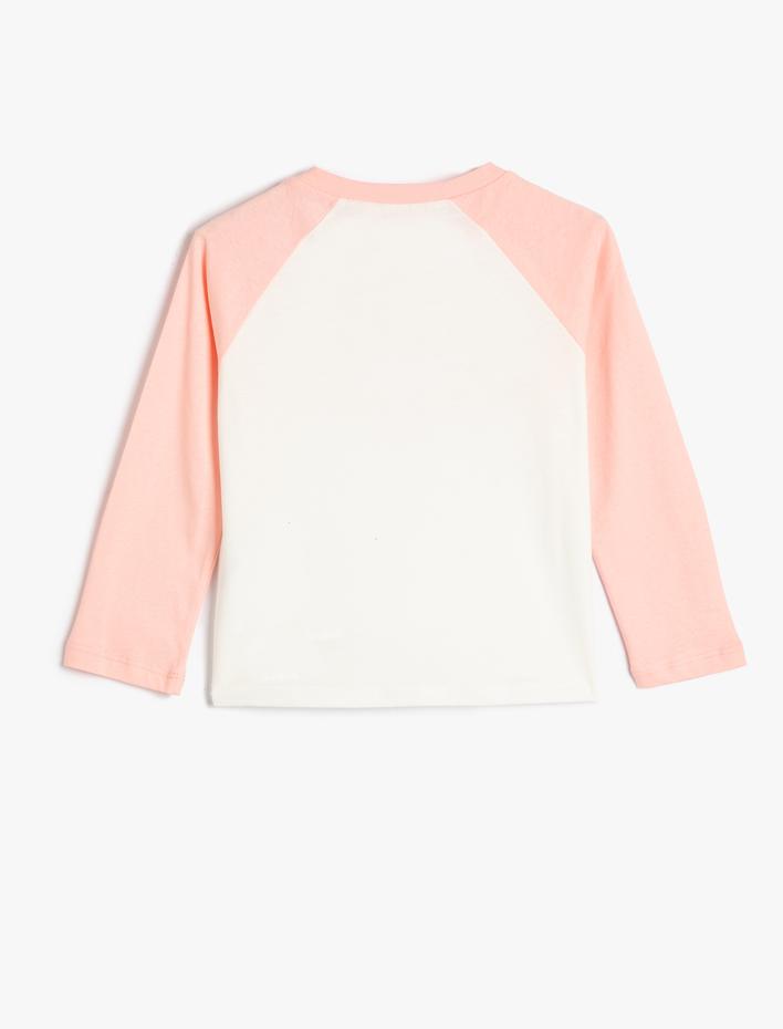Kız Çocuk Tişört Uzun Kollu Bisiklet Yaka Renk Bloklu Baskılı Pamuklu
