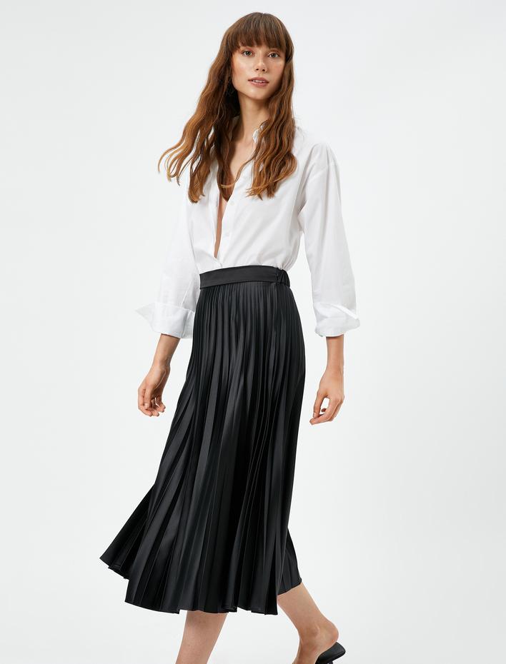  Saten Pilili Etek Midi Boy