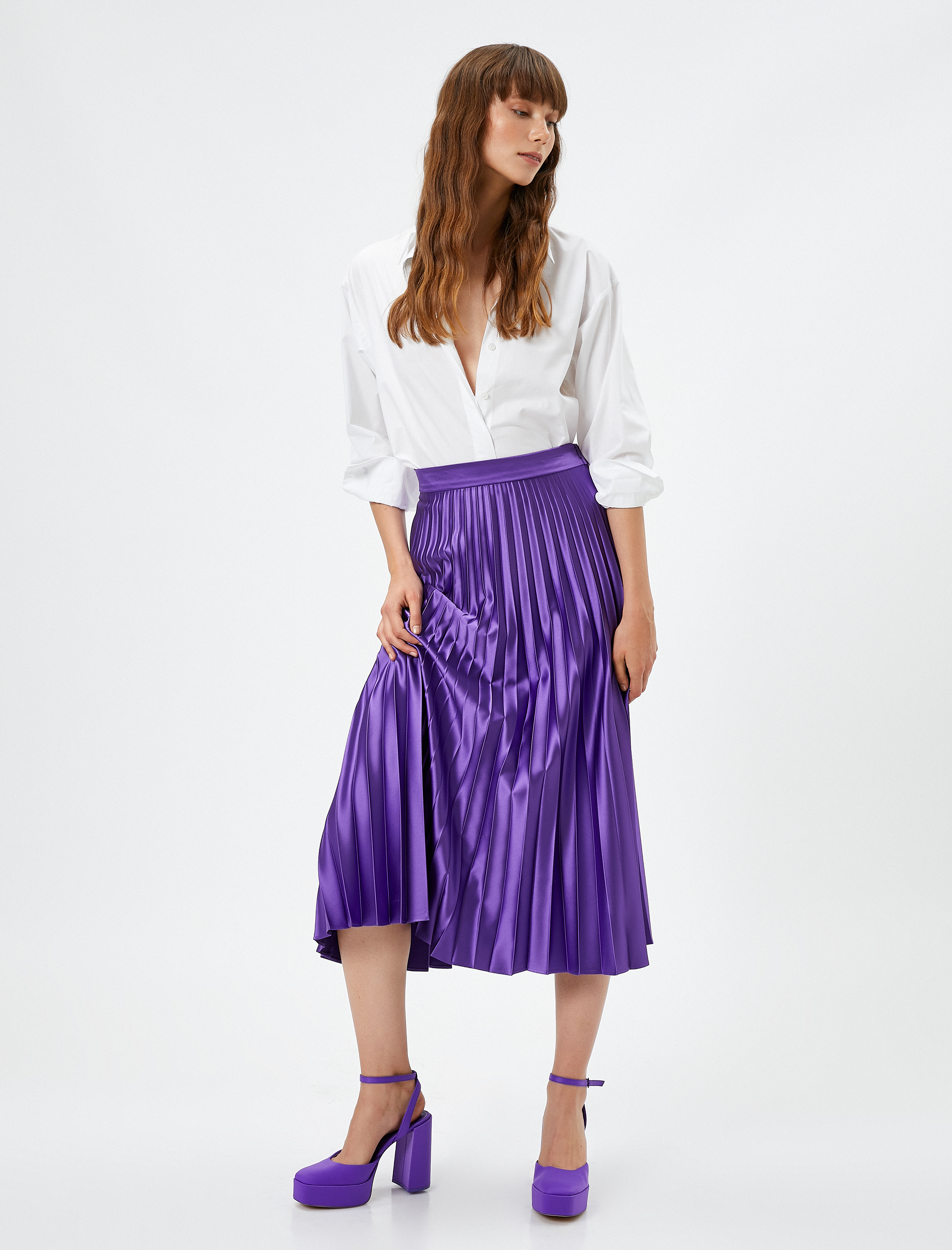   Saten Pilili Etek Midi Boy