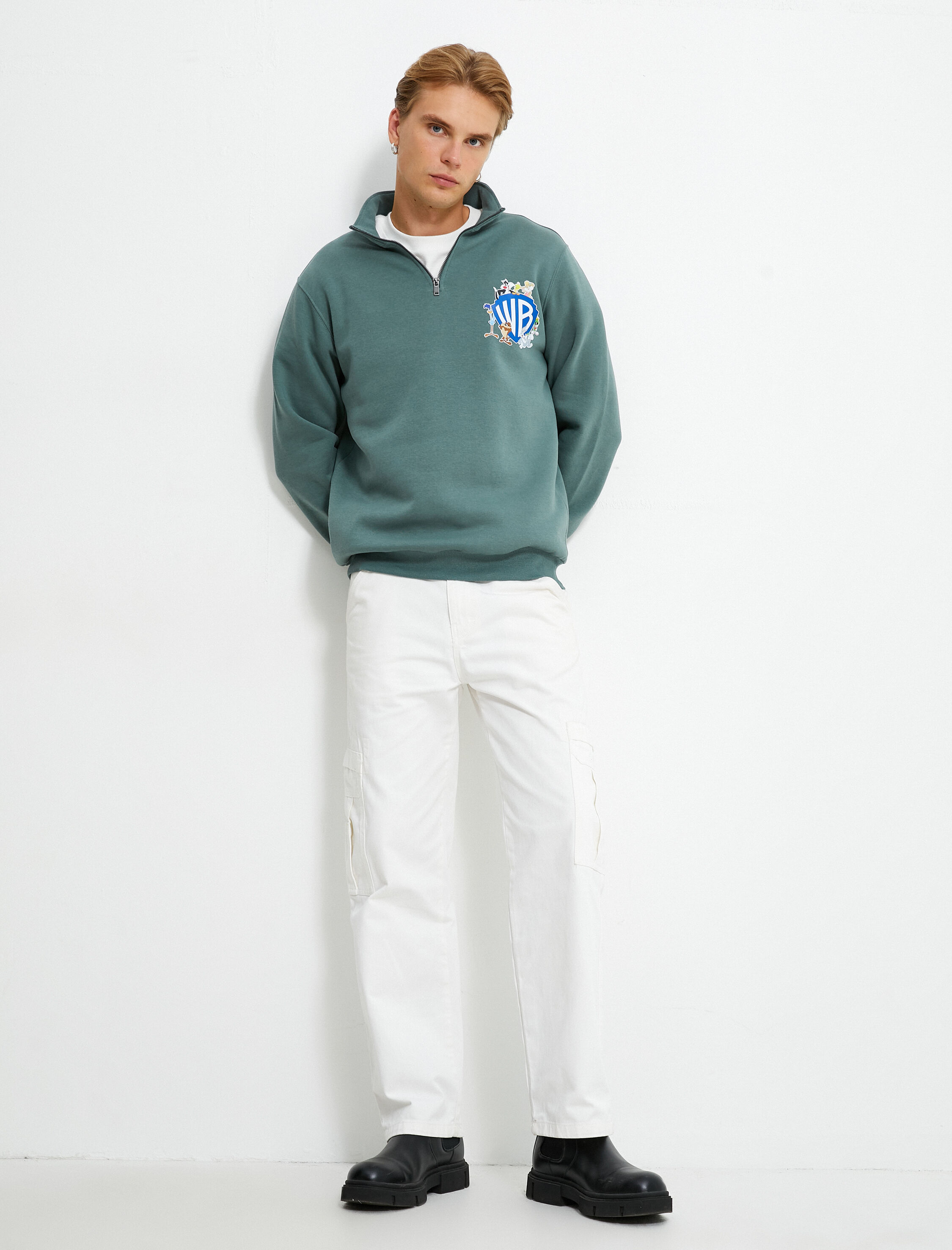   Warner Bros Yarım Fermuarlı Sweatshirt Lisanslı Baskılı Şardonlu