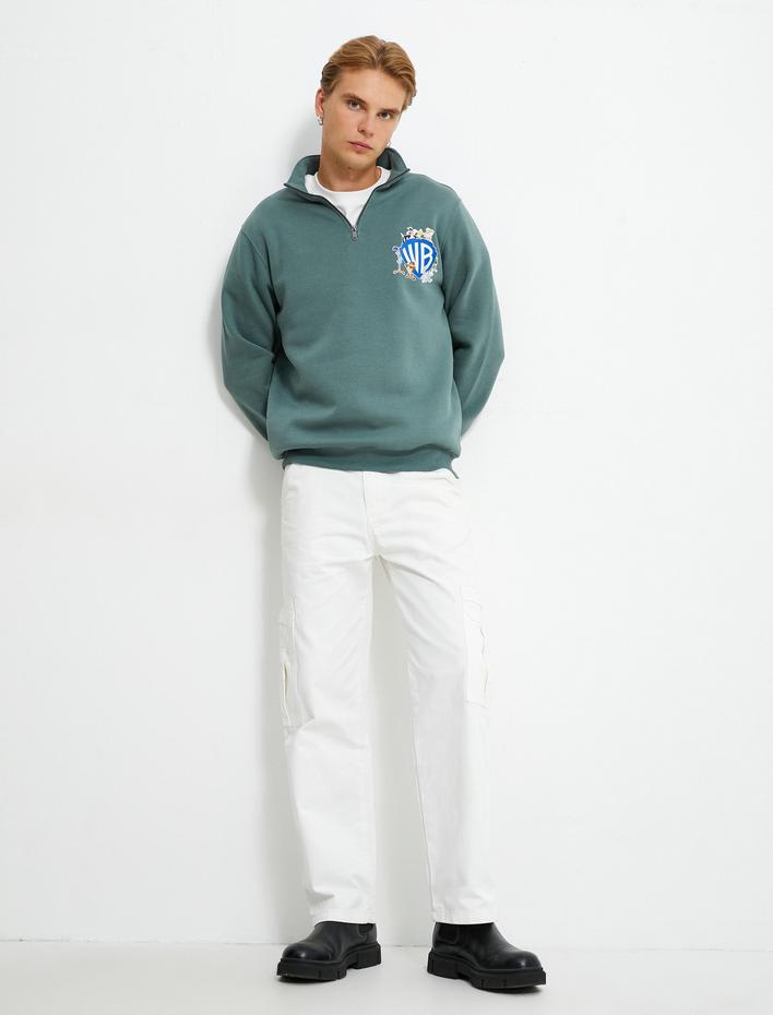  Warner Bros Yarım Fermuarlı Sweatshirt Lisanslı Baskılı Şardonlu
