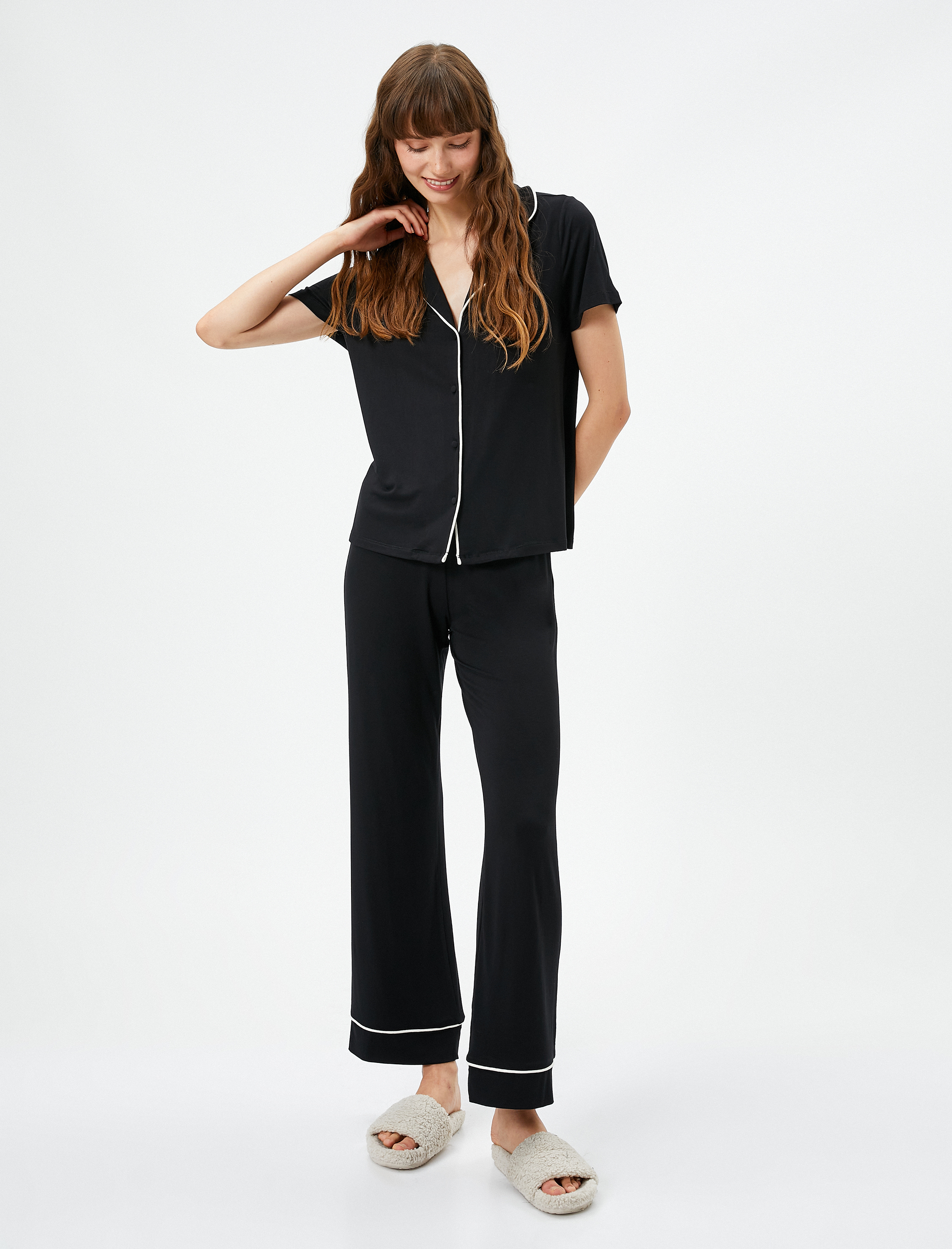   Kısa Kollu Pijama Üstü Viskon Düğmeli Gömlek Yaka