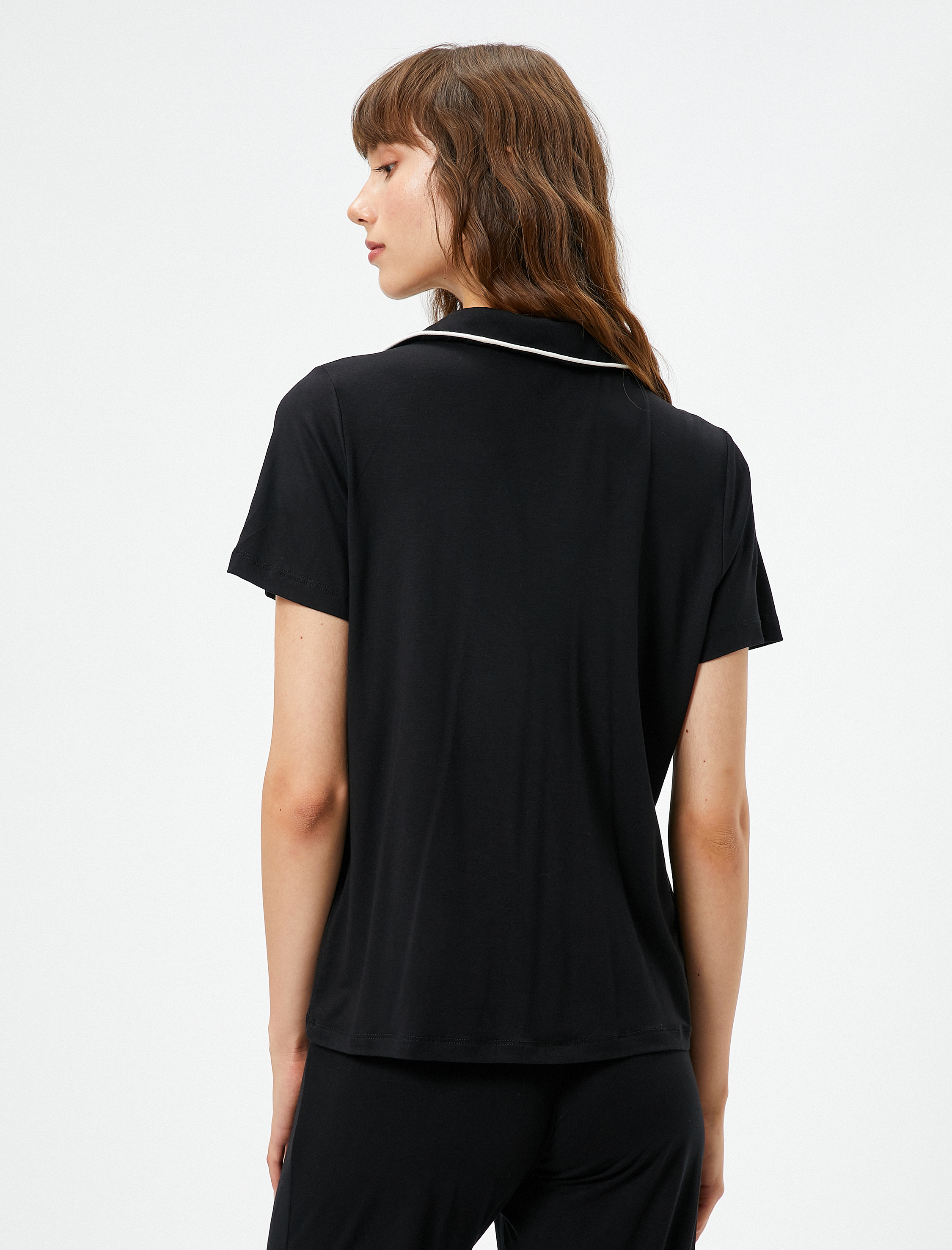   Kısa Kollu Pijama Üstü Viskon Düğmeli Gömlek Yaka