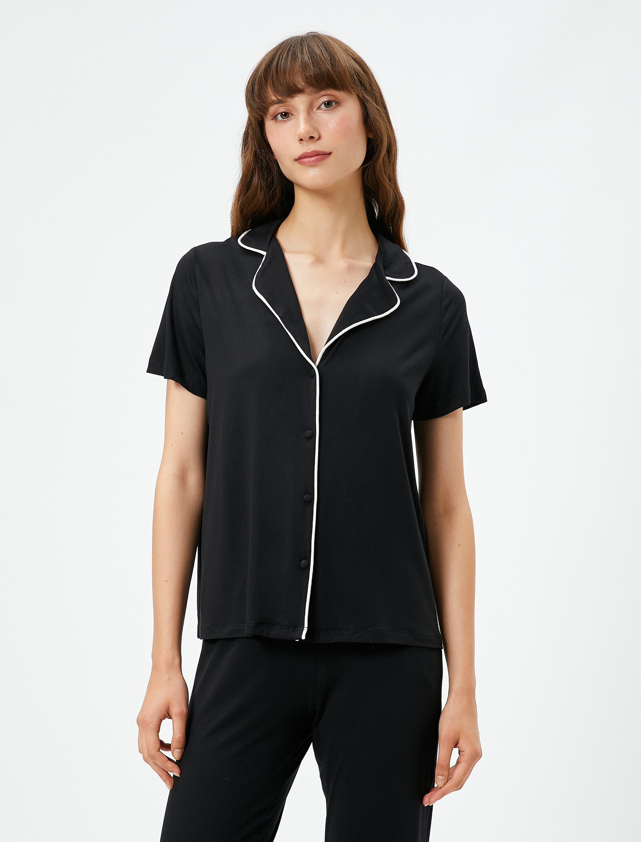   Kısa Kollu Pijama Üstü Viskon Düğmeli Gömlek Yaka