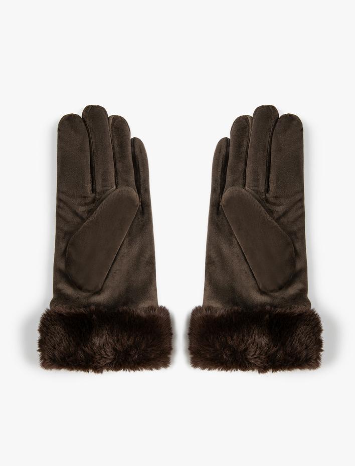 Kadın Kadife Eldiven Suni Kürk Detaylı İçi Polar Astarlı
