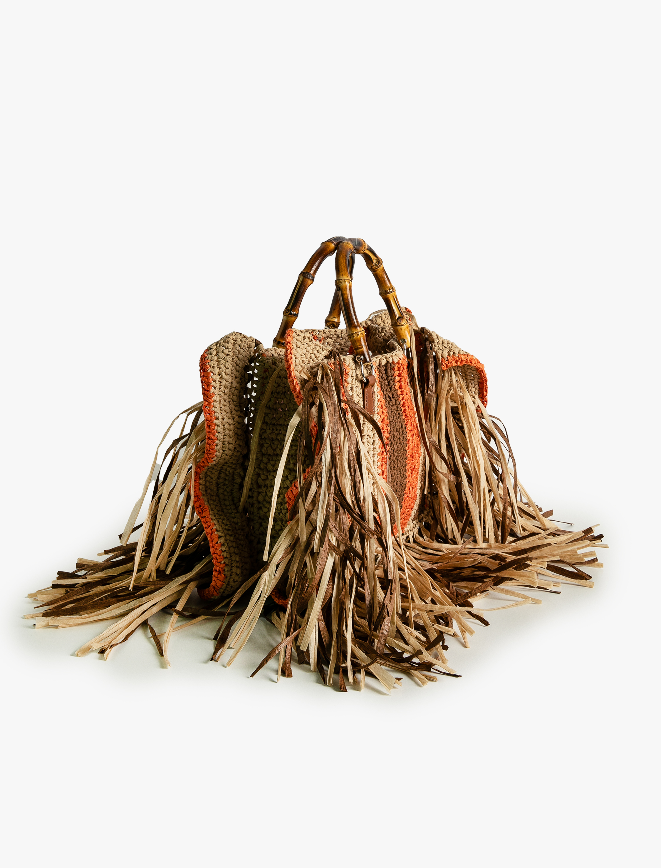  Kadın Hasır Çanta Püskül Detaylı Ahşap Tutma Saplı