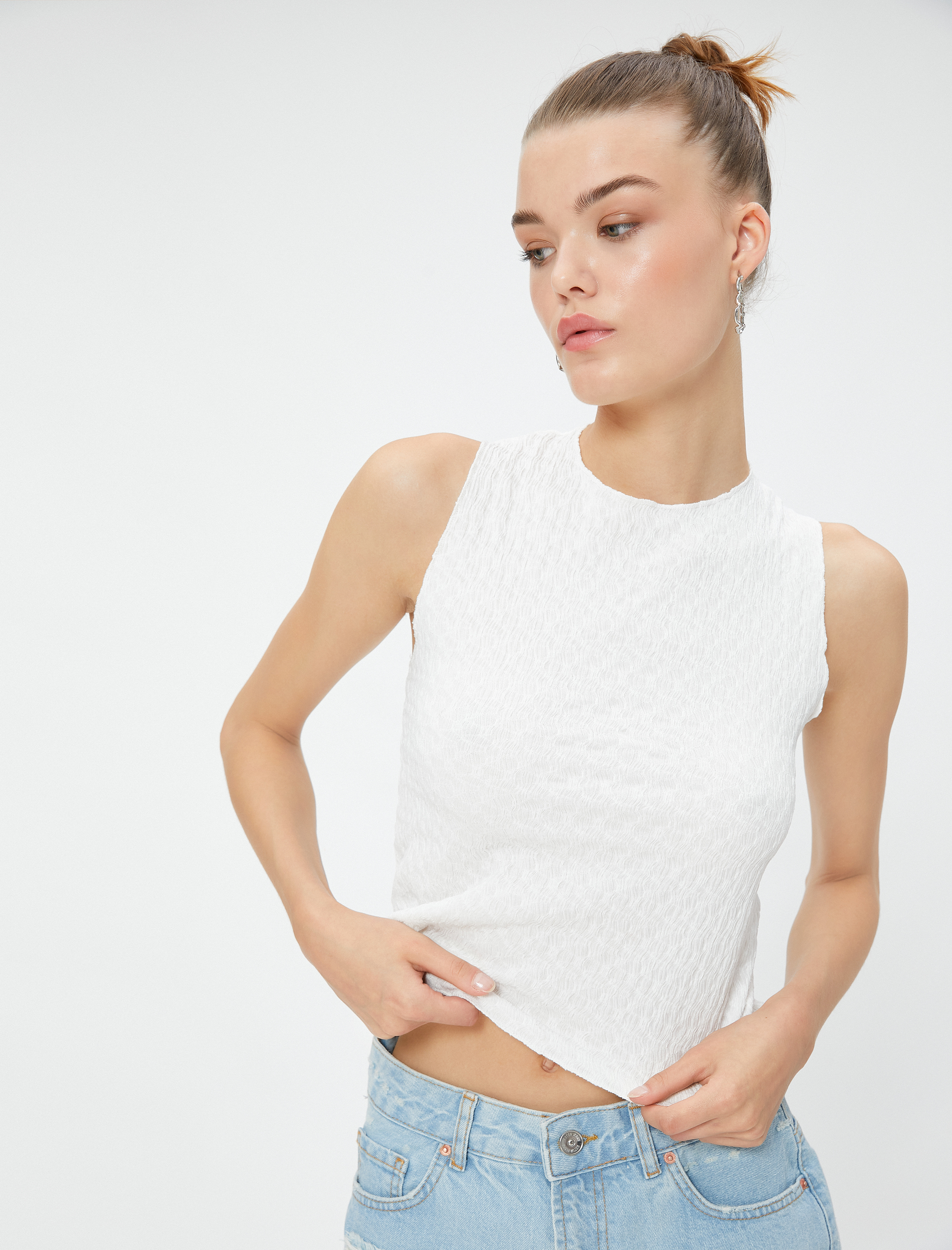   Crop Atlet Slim Fit Dokulu Kolsuz Bürümcük