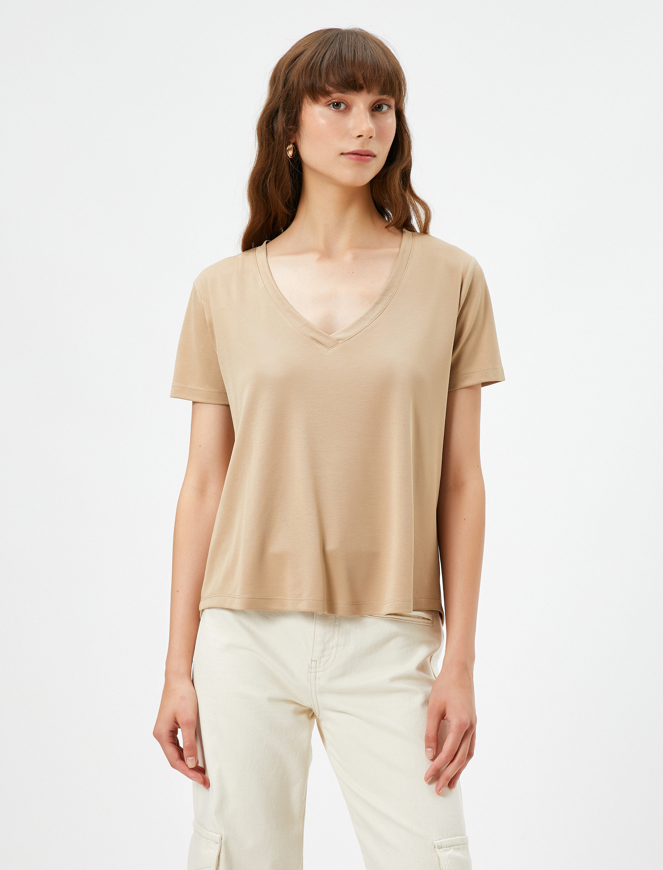   V Yaka Tişört Basic Kısa Kollu Modal Karışımlı