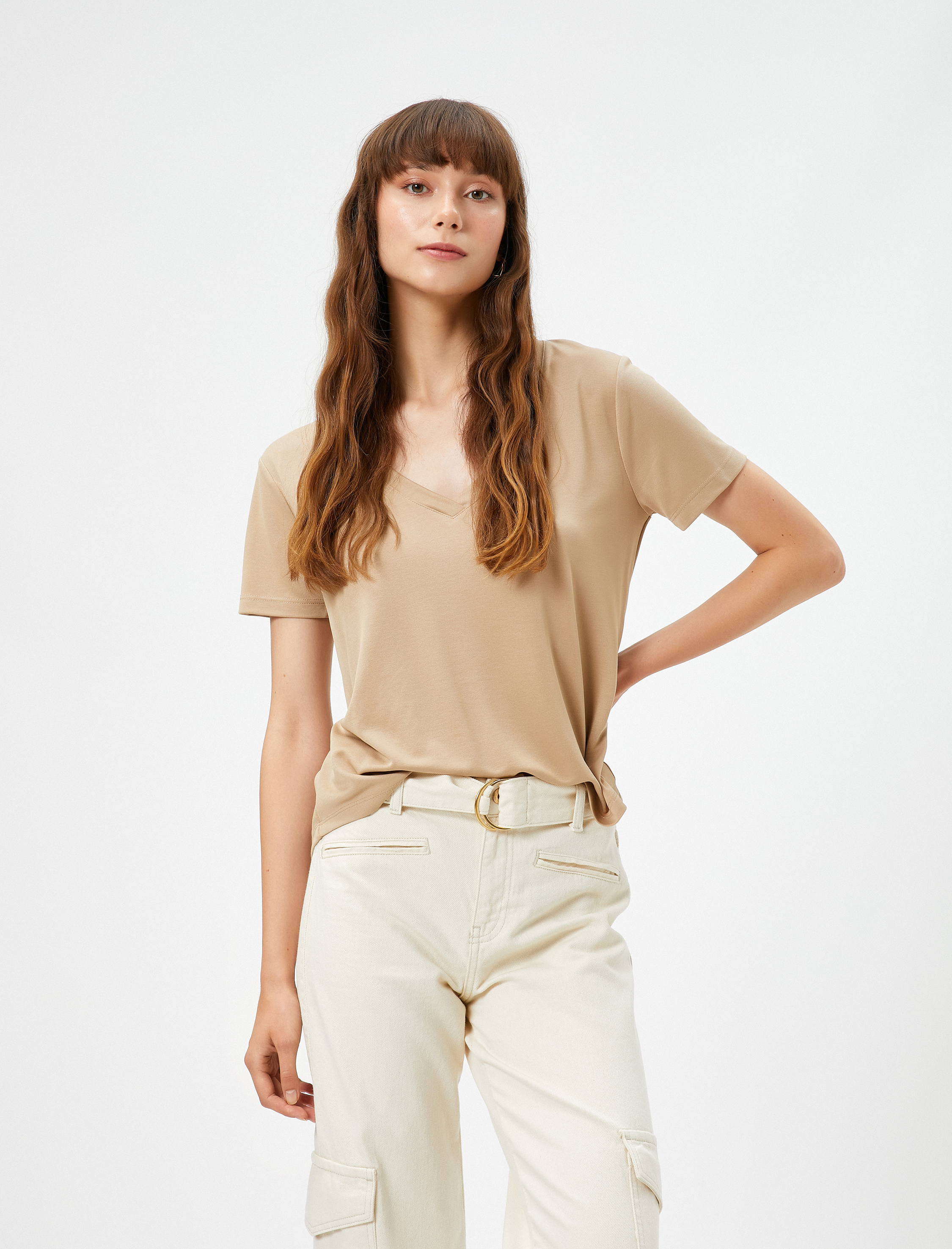   V Yaka Tişört Basic Kısa Kollu Modal Karışımlı