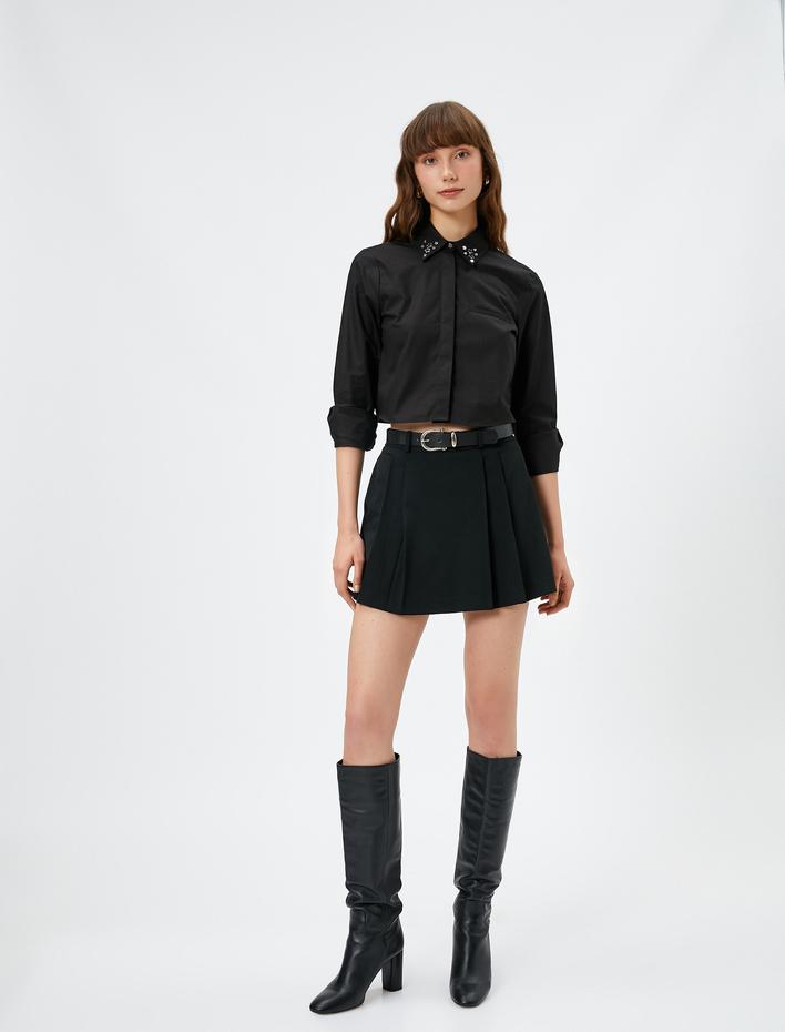  Taşlı Gömlek Crop Gizli Cepli Pamuklu