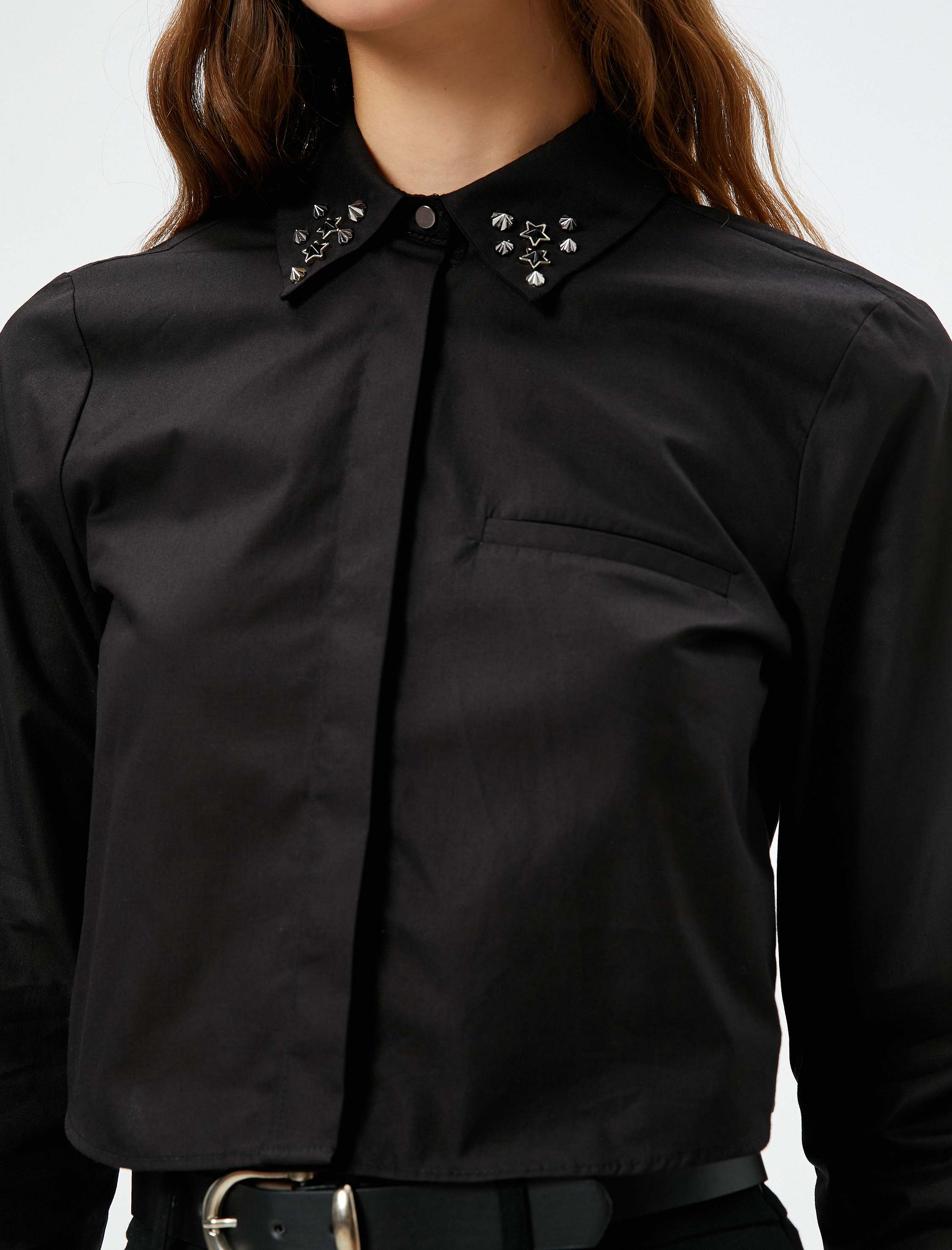   Taşlı Gömlek Crop Gizli Cepli Pamuklu