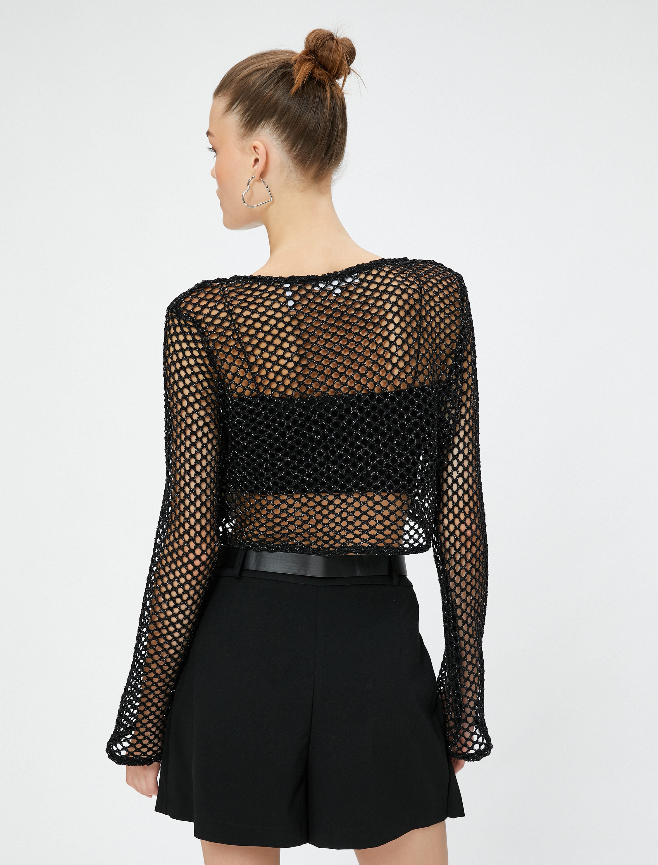   Uzun Kollu Tişört Crop Sim Detaylı Ajurlu İspanyol Kollu Rahat Kesim