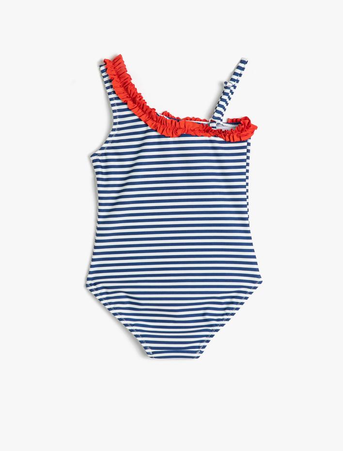 Kız Çocuk Mayo Fırfır Detaylı Tek Omuz Aplike Detaylı